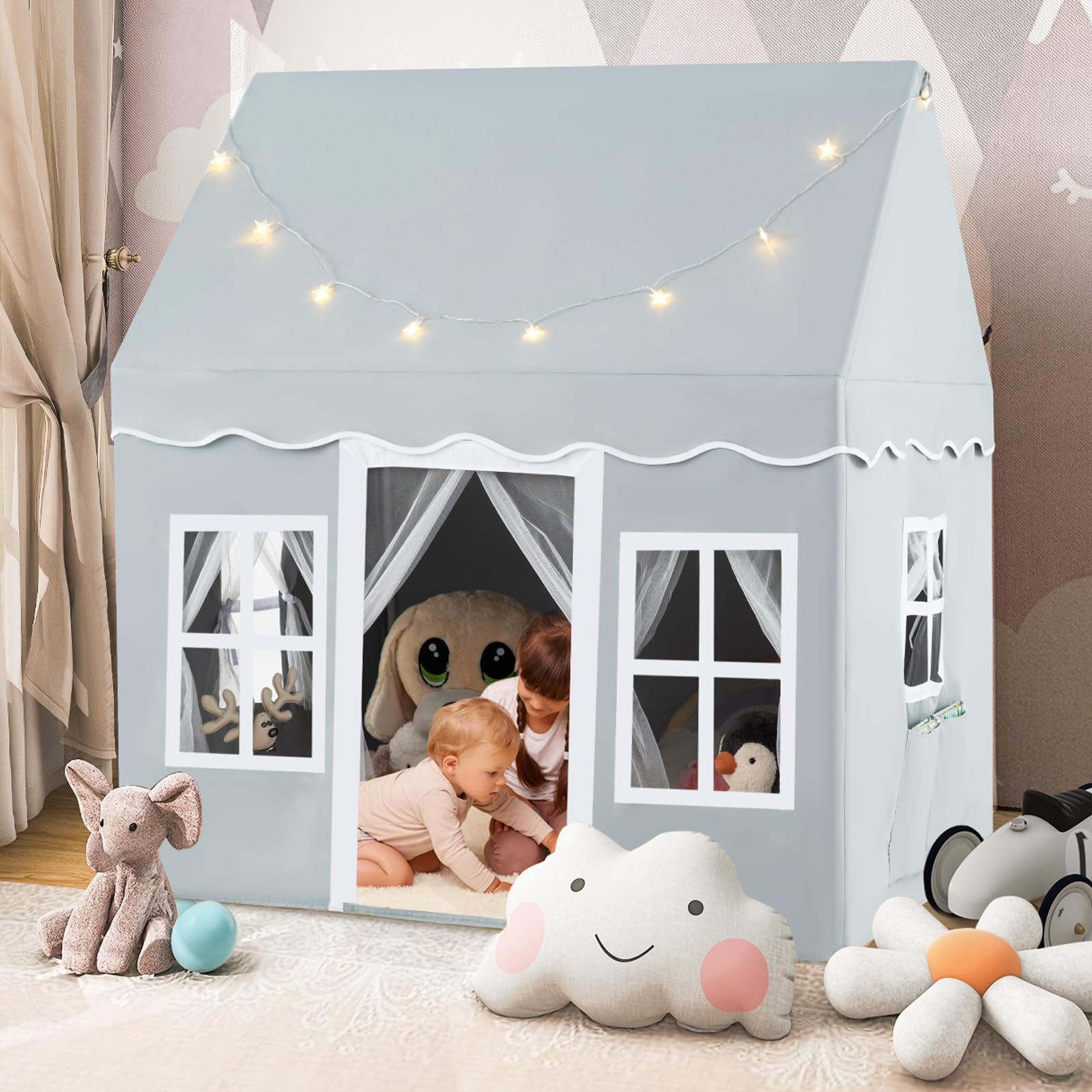 HOMASIS Kinderzelt Baumwolle, Kinder Spielhaus mit Sternenlichtern, Tragetasche & Vorhang, Spielzelt Prinzessin für Jungen & Mädchen, Indoor Kinderspielzelt Kinderspielhaus (Grey, ohne Matte)