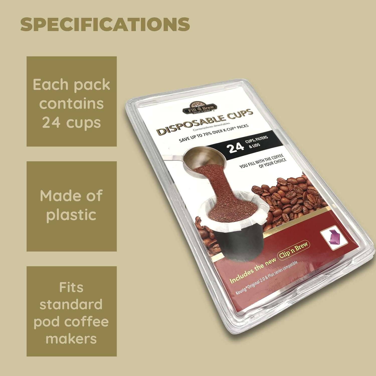Fill 'n Brew Individual Disposable Coffee Pod Cups, Compatible with Most Single-Serve Coffee Makers, 24-Count Fillable Cups, Filters & Lids