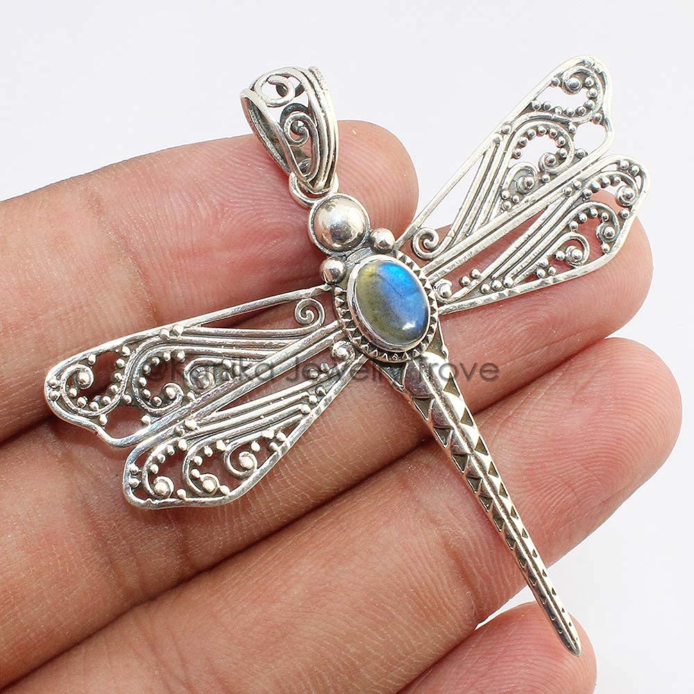 Labradorit Libelle 925 Sterling Silber Anhänger, Silver Labradorite Gemstone Pendant for Woman Gift, Christmas Natural Handmade Girl, Unisex Pendant