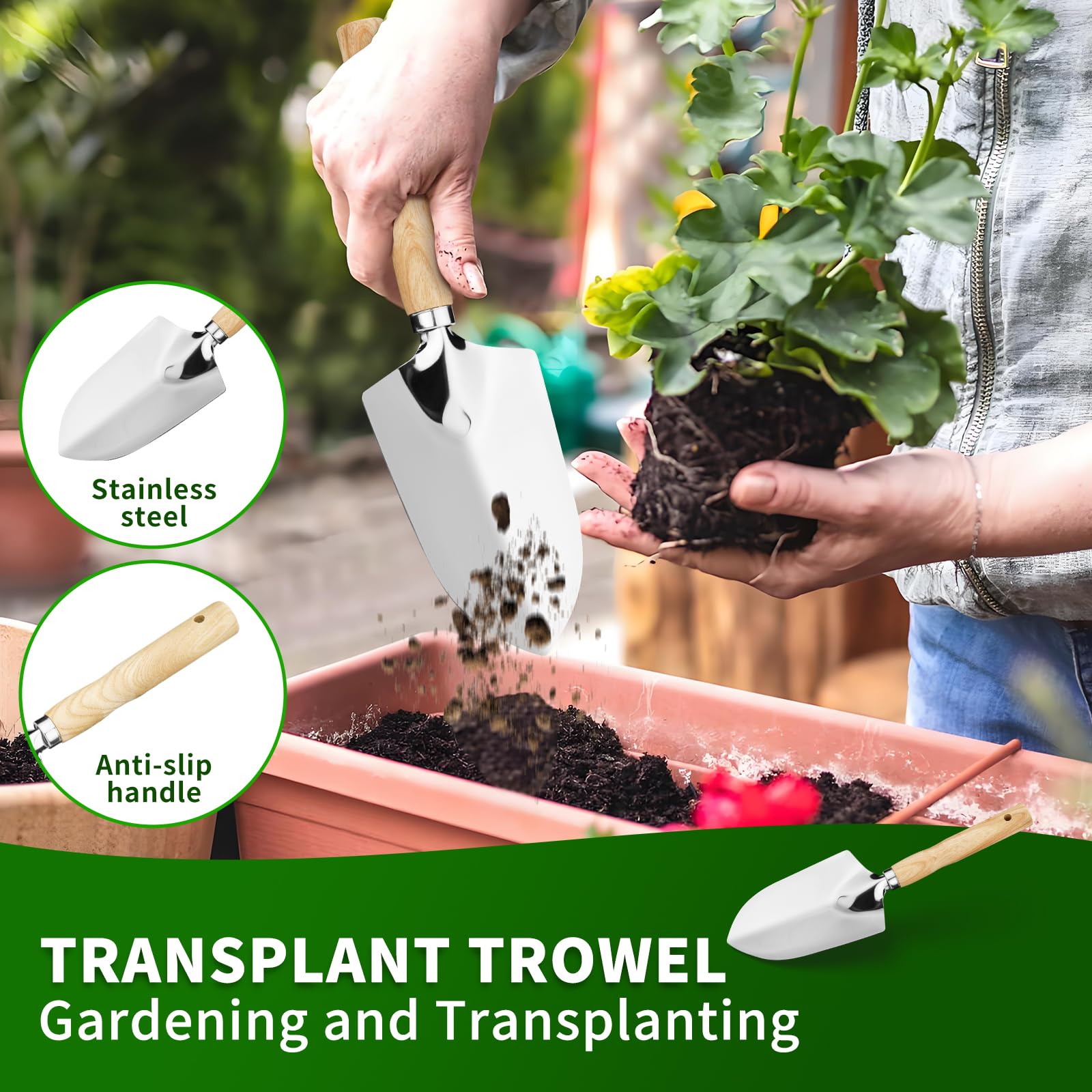 Set di attrezzi da giardino, set di 5 attrezzi da giardinaggio resistenti con pala, rastrello, trapiantatore, grande cazzuola, coltivatore a 5 artigli, in acciaio inox con manici in legno