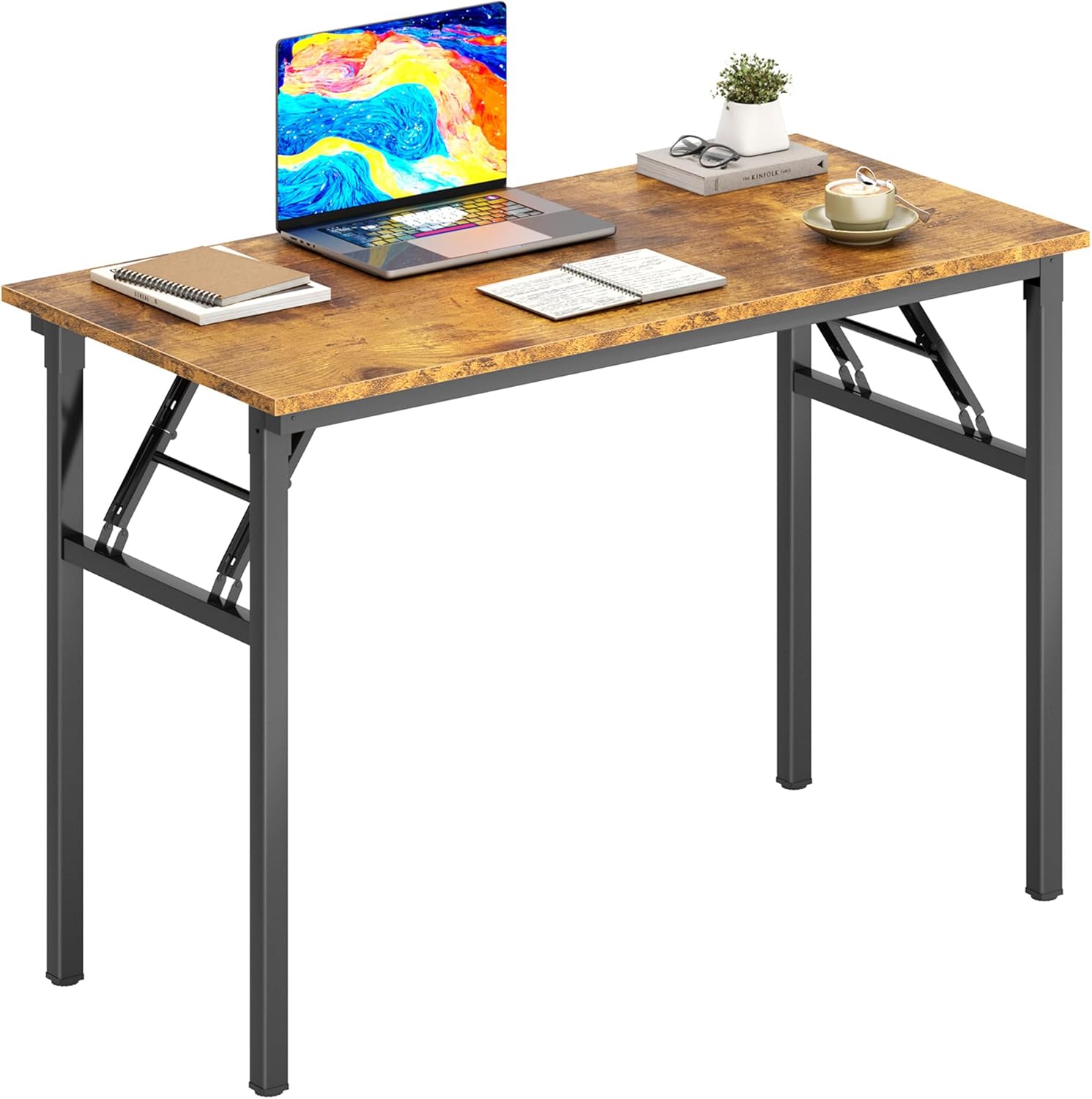 DlandHome Folding Desk Computer Desk 31.5x15.7inch Large No Install Needed Folding Table Workstation for Home Office Brown