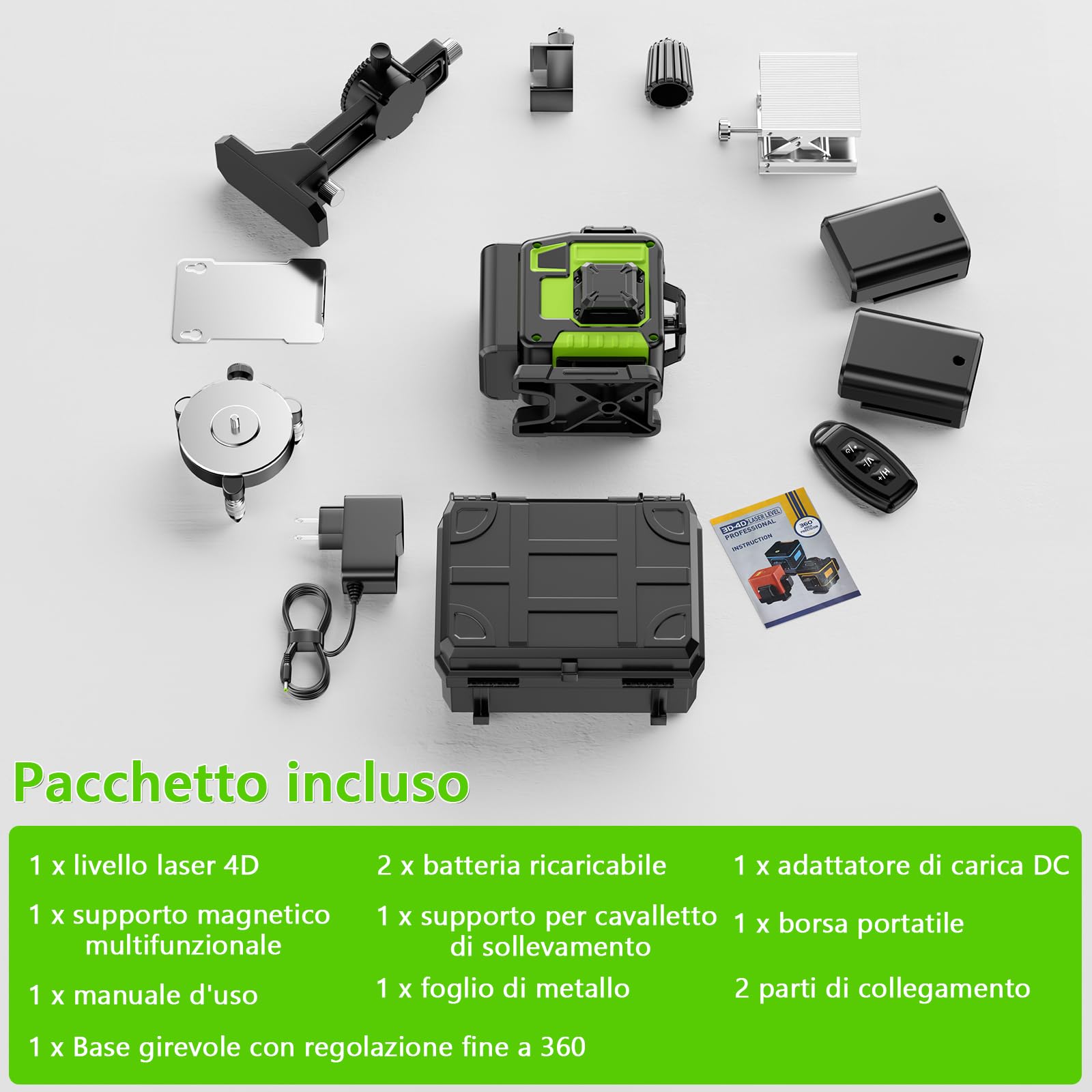 Livella Laser Autolivellante 16 Linee, 4 X 360 °Livello Laser Autolivellante Verde, 2 x Batterie, Autolivellante, Supporto rotante, Telecomando Cabina di rilevamento