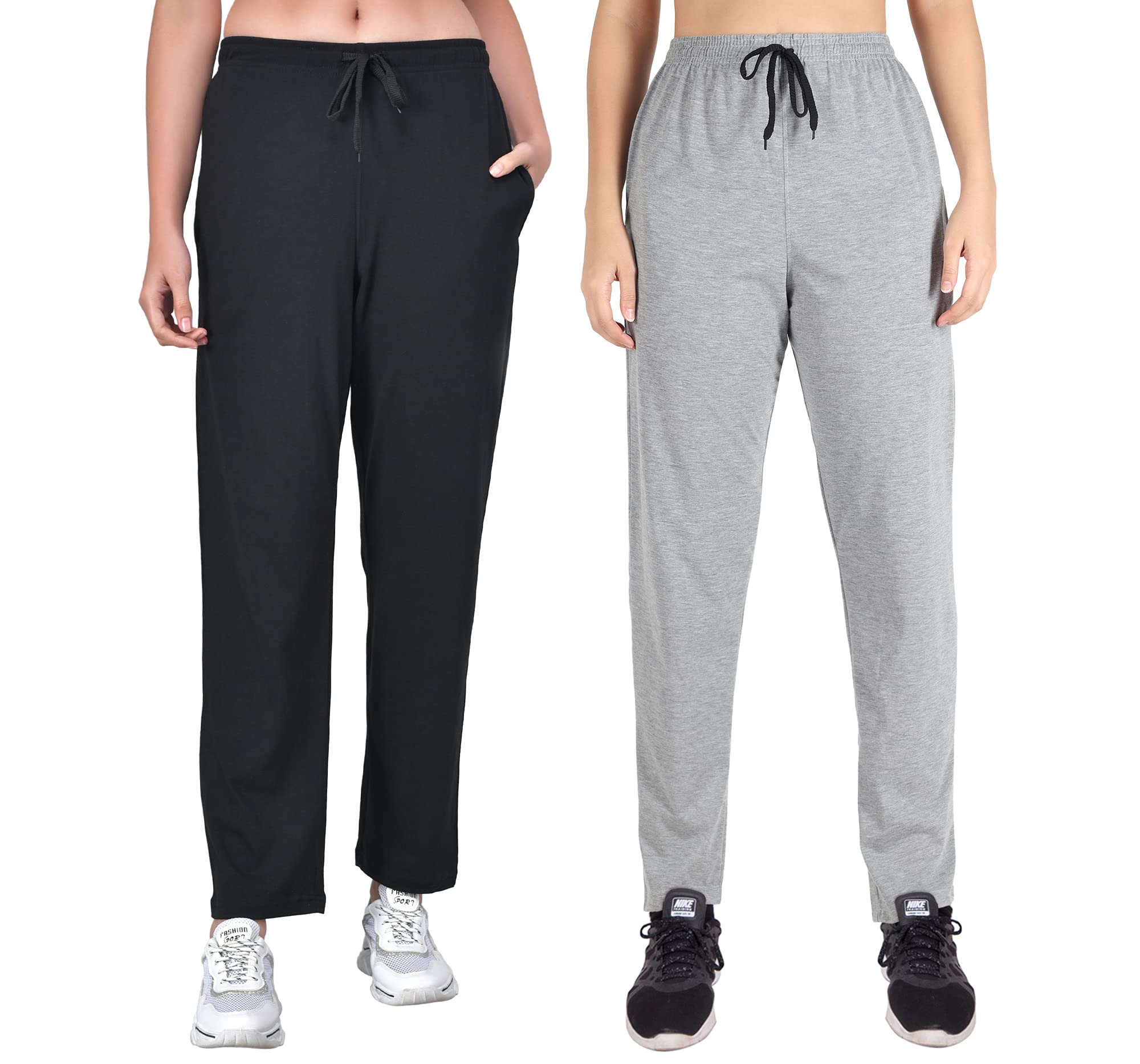 Fflirtygo Cotton Solid Track Pant/Lounge Wear/Pocket Payjama �100% Export Quality Soft Cotton Night Wear/Pocket Pyjama for Women Combo Pack, Black & Blue Pyjama