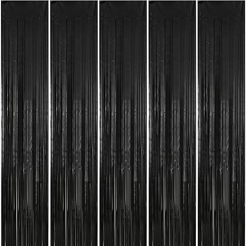 Miniatura 1 de Paquete de 5 cortinas de flecos de papel de oropel metálico negro de 3.3 x 6.6 pies, para fiestas, telón de fondo de fotos, serpentinas para