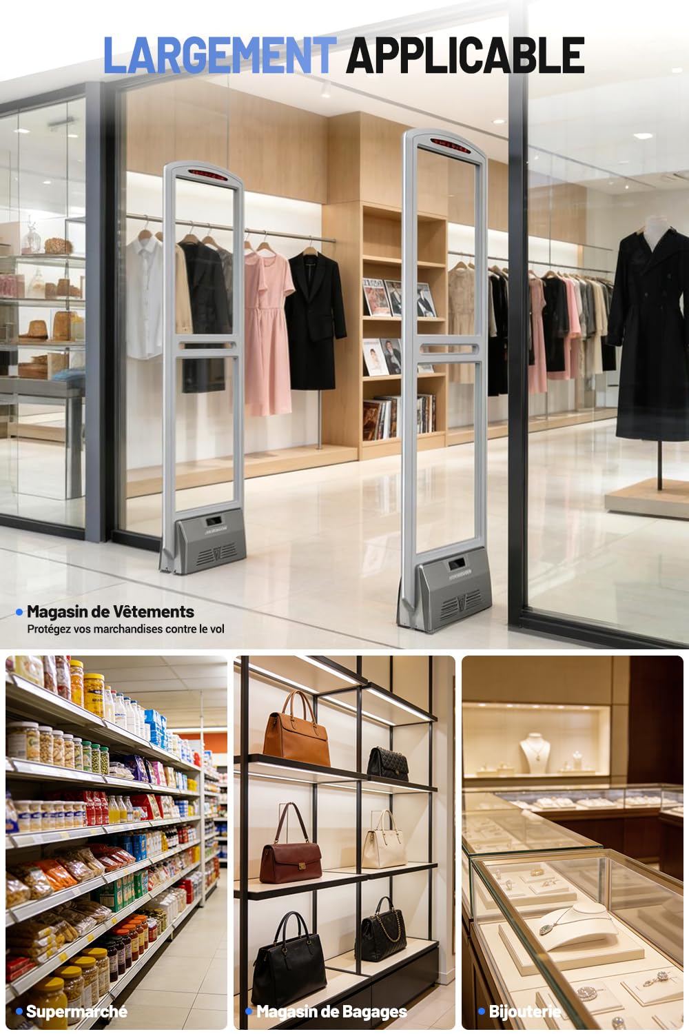 Portique Antivol AM 58kHz, Système Antivol Magasin avec Détection Haute Sensibilité et Alarme Sonore et Lumineuse, Gris, Kit avec 100 Étiquettes de Sécurité
