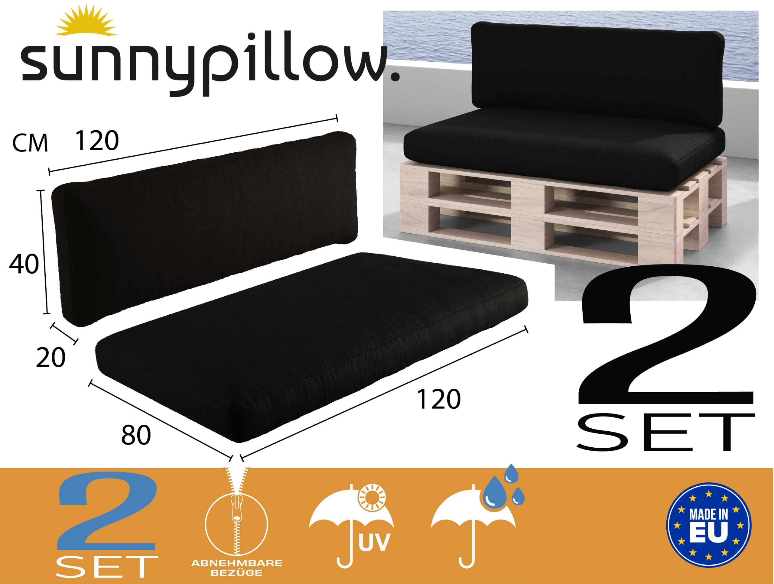 sunnypillow Set de 2 Coussins pour Canapé Palette - Matelas Extérieur Impermeable, Anti UV - d’Assise 120 x 80 x 15 cm + Dossier 120 x 40 x 20/10 cm - Coussin Salon de Jardin, Terrasse - Noir