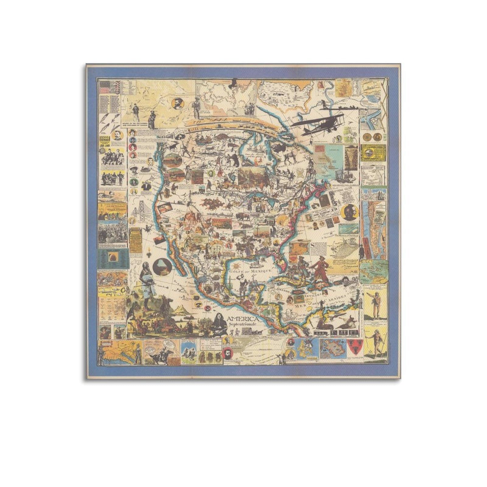 OKAHYS Vintage Travel Poster 1986 North American Illustration Map Decorative Painting Canvas Wall Artworks Picture 28x28inch(70x70cm)