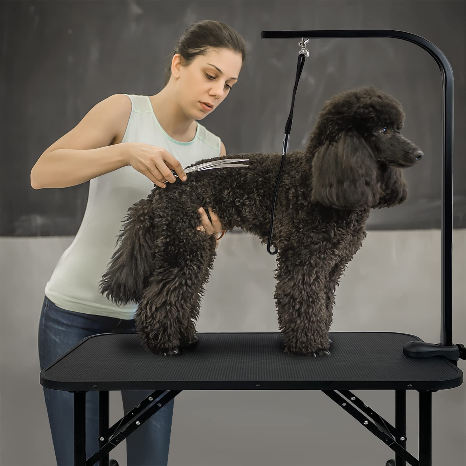 Aufun Tavolo da tosatura per cani, 80x46x76 cm Tavolo da toelettatura per cani stabile, pieghevole, regolabile in altezza, tavolo da bagno per cani, toelettatura per barboncini, fino a 60 KG