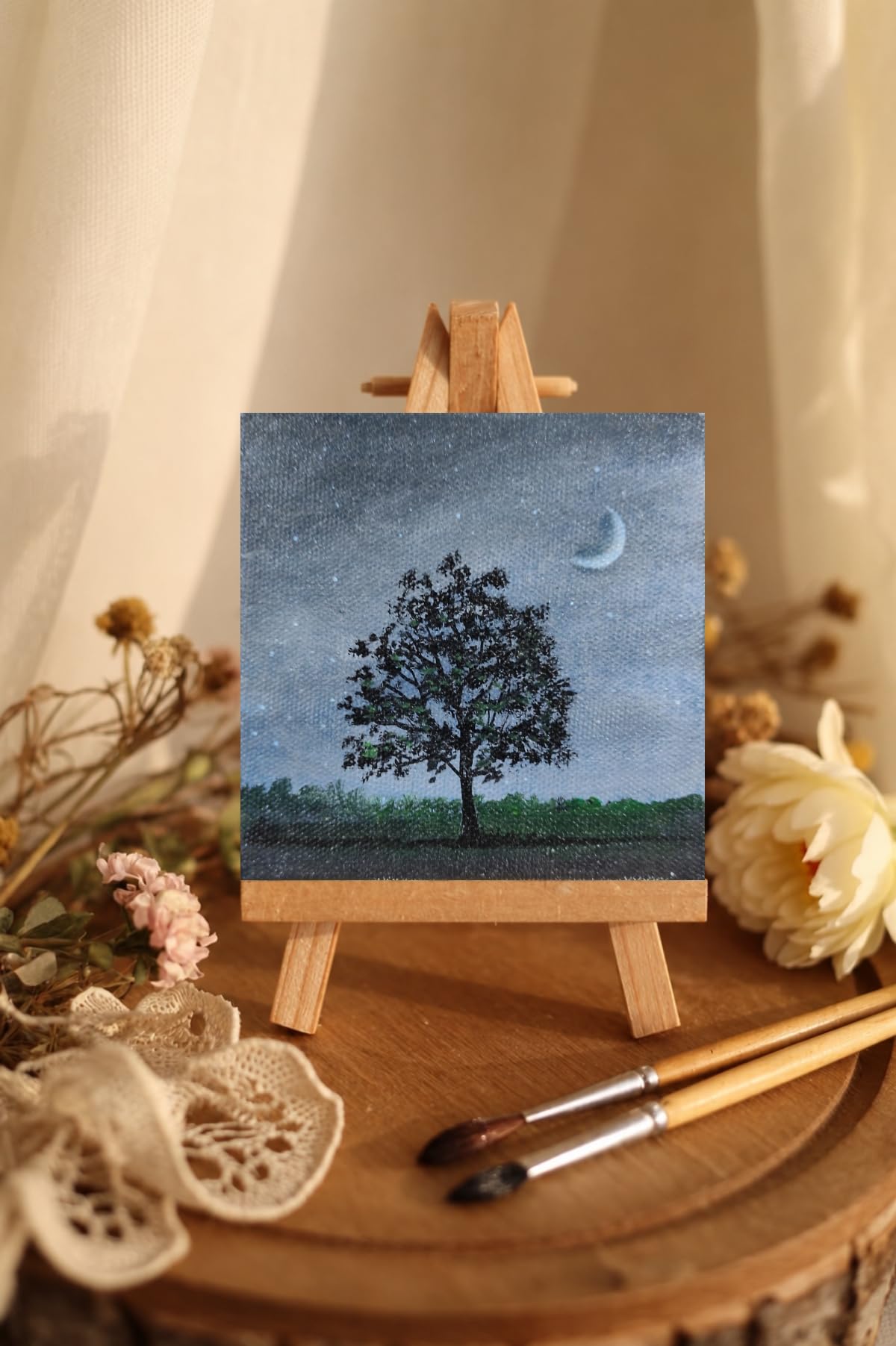 Mini Acrylic Night Sky Tree Painting on Canvas with easel stand, 4x4 inch, home decor | Night sky and home decor,Canvas Art,fantasycastle, Tabletop Display, Handcrafted, Home Decor-image-33