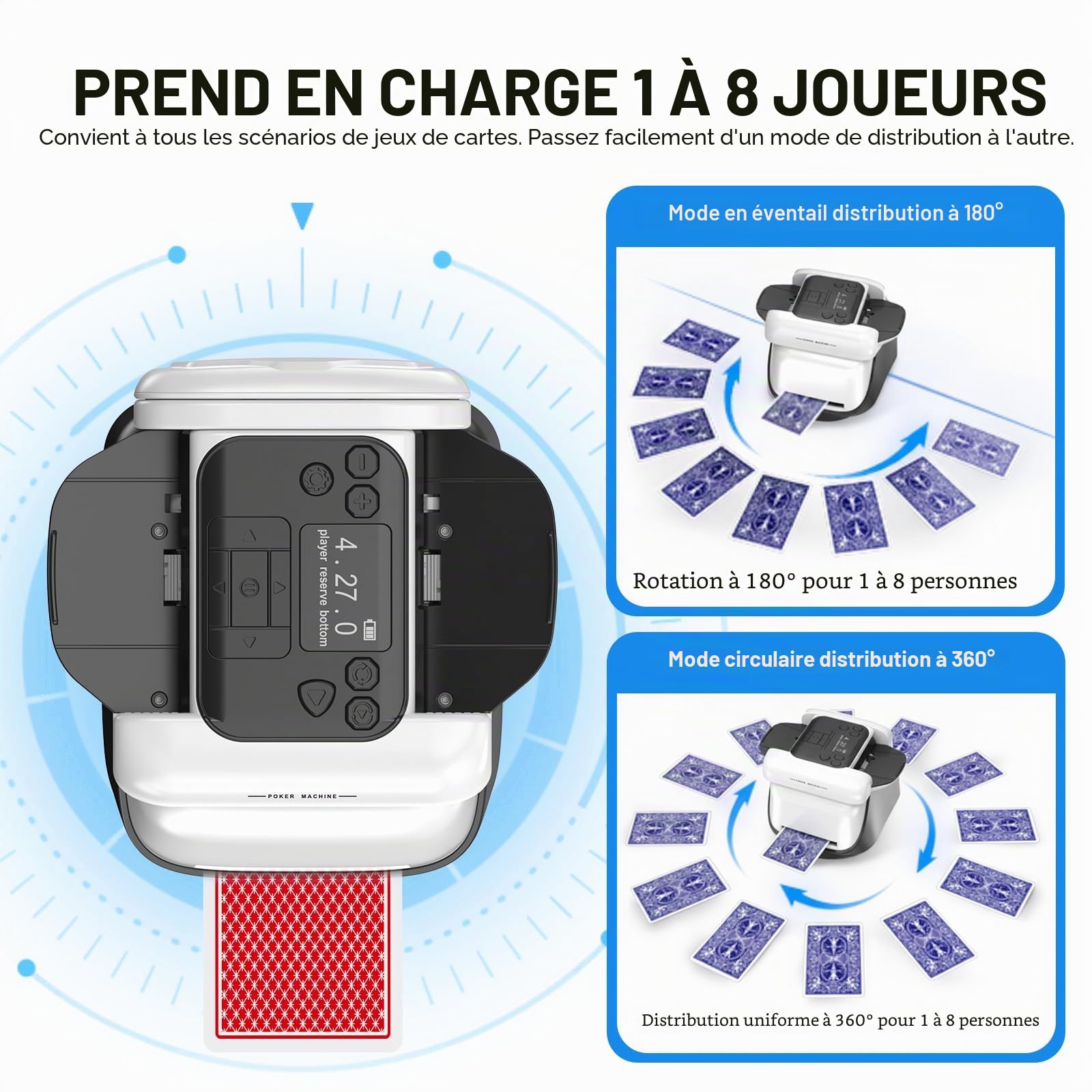 Automatique Mélangeurs de Cartes et Distributeur 2 en1, Distributeur de Carte Automatique Rechargeable, Silencieux, Distributeur de Cartes à Jouer Rotation 360° pour UNO, Poker et Texas Hold'em
