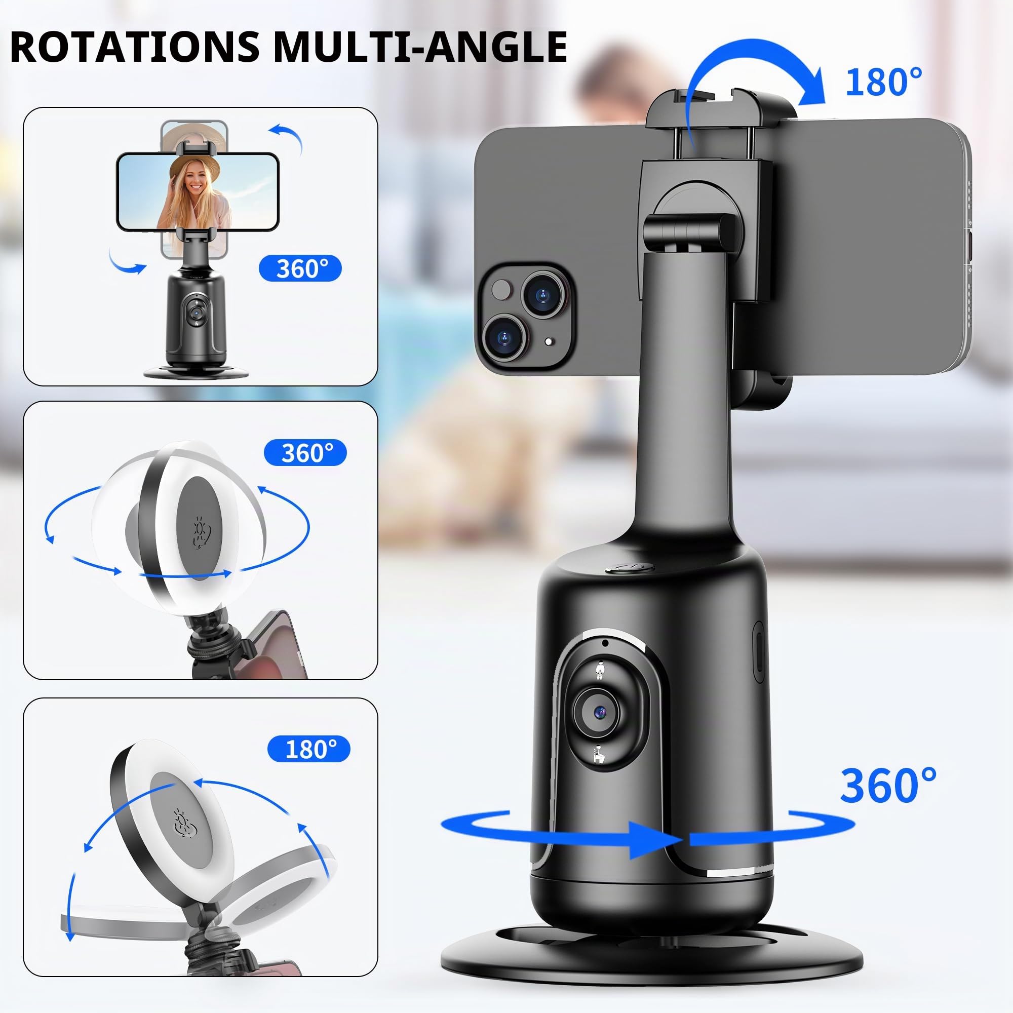 Trépied de Suivi Automatique du Visage 360 avec 2 Ring Light, Support de Téléphone Intelligent Selfie Stick Aucune APP Requise Suivi Automatique Intelligent du Visage pour vidéos Youtube et TikTok