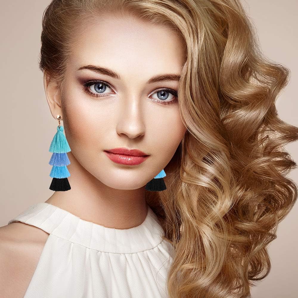 Outee 24 Pairs Tassel Earrings Layered Long Thread Ball Dangle Earrings Bohemian Tiered Tassel Drop Colorful Earrings Fashion Jewelry Multiple Style for Women Birthday Party Gifts