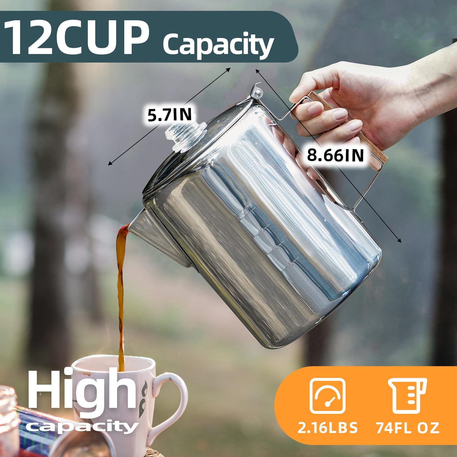 MEREZA Cafetera de 12 tazas para camping, cafetera no eléctrica, cafetera de acero inoxidable, para exteriores, hogar, sin aluminio ni plástico, preparación rápida