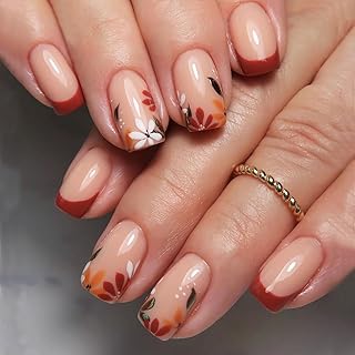 24pcs Thanksgiving Press-on Medium French Tip False Nails With Flower Leaf Design Nude Square Glossy Glue-on Autumn Thanksgiving Full-Cover Stick-on Nails For Women & Girls