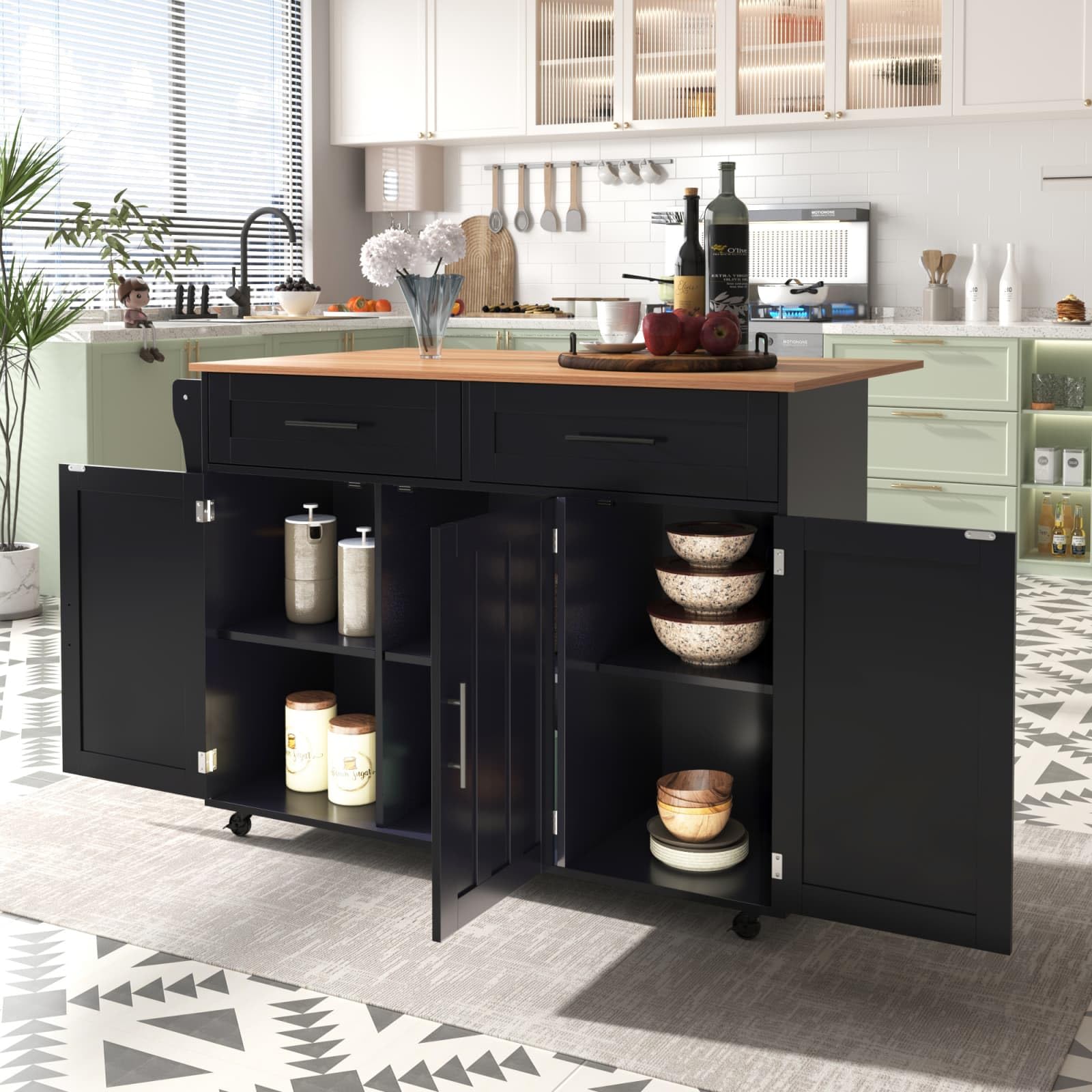 PUGSDRLY Desserte de Cuisine à roulettes,Buffet Meuble,îlot de Cuisine avec Plateau de Table Pliable,2 Tiroirs et 3 Portes,Roulette ou Pieds en Bois Massif (Noir-C)