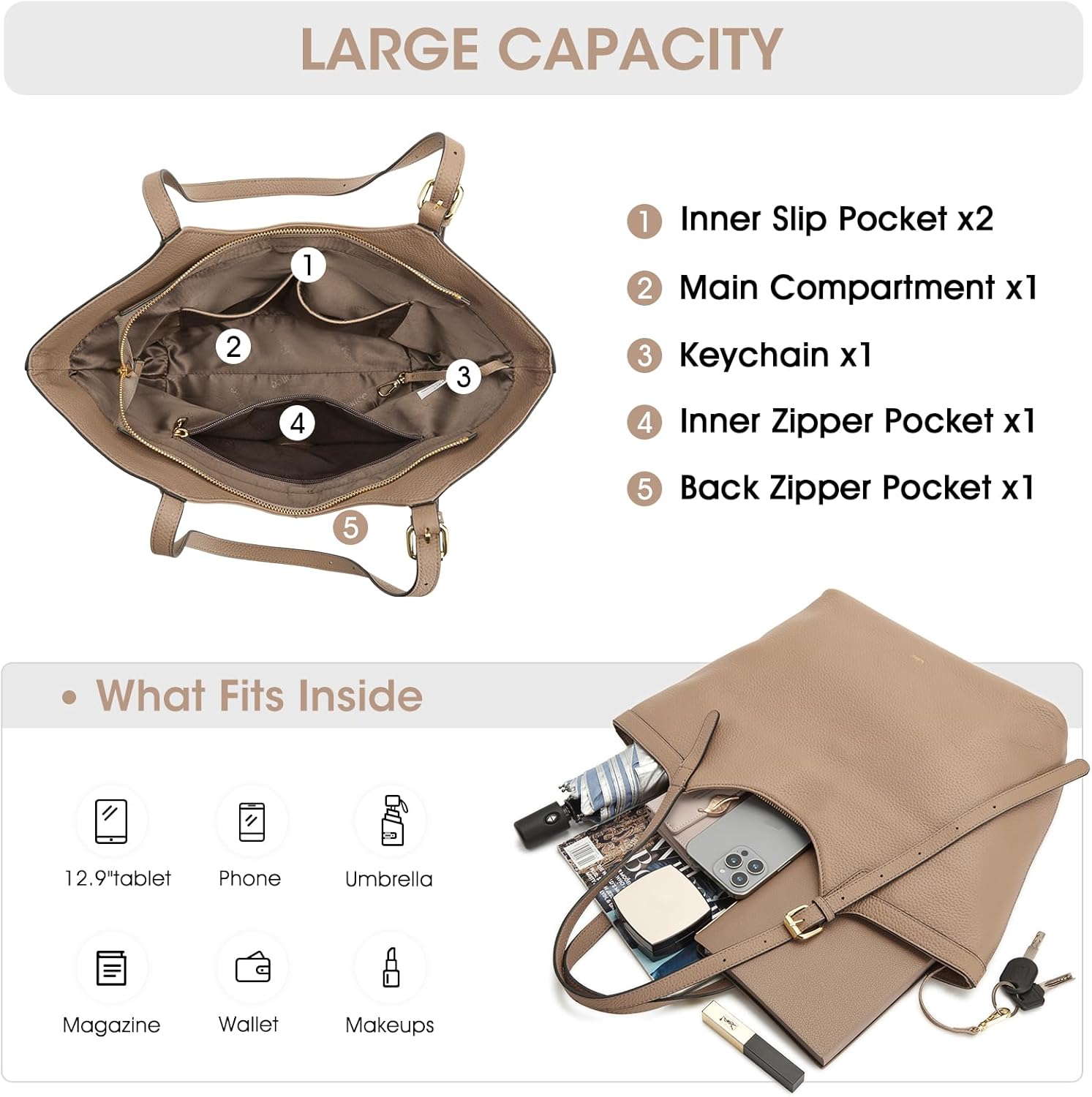 Kattee Genuine Leather Purses and Handbags for Women Trendy, Top Grain Leather Hobo Tote Shoulder Bag with Adjustable Strap - Image 4