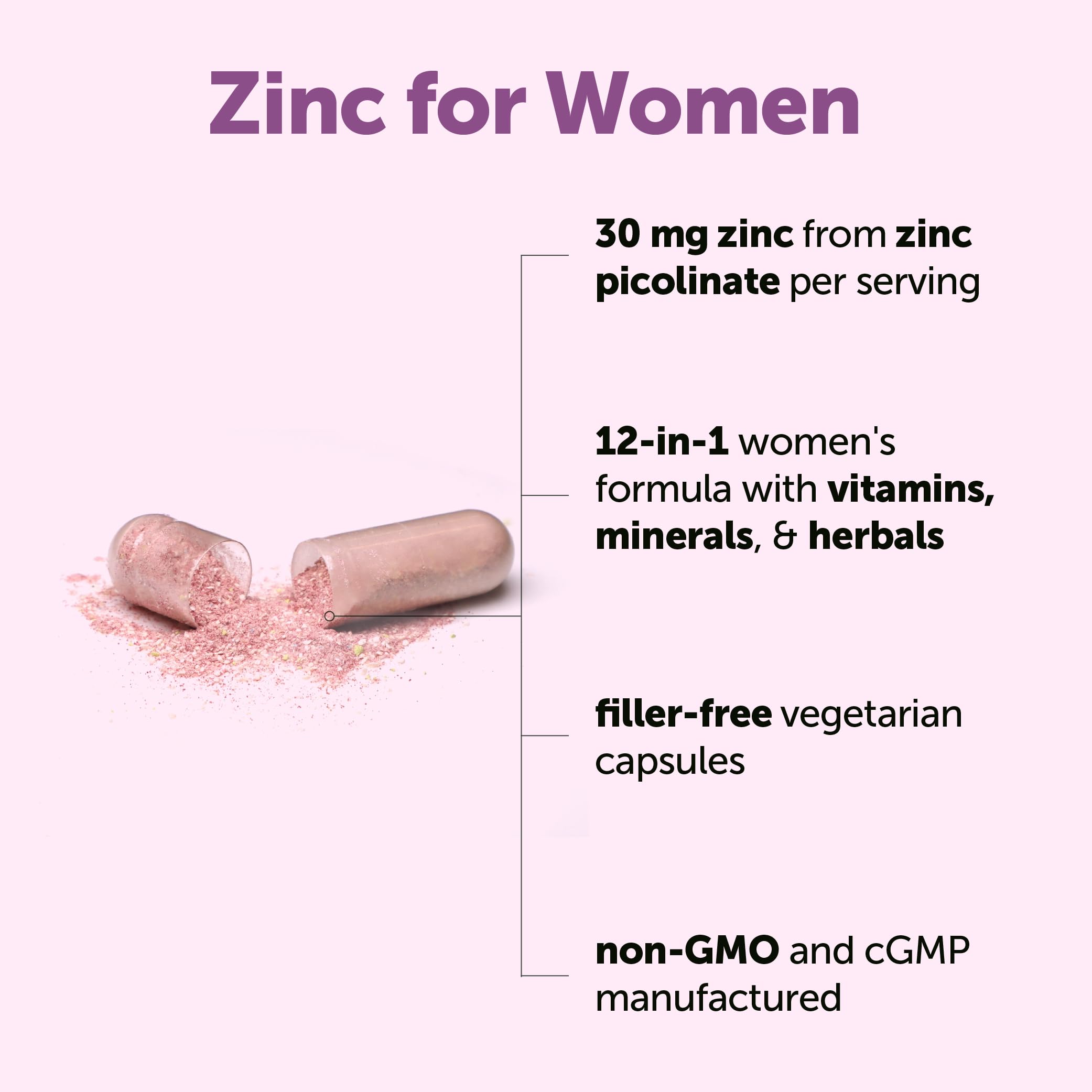 Zinc for Women, 30mg Zinc Picolinate | 12-in-1 Immune Support Formula with Vitamins C, E & D3 + K2, Selenium, Copper, Quercetin & Lysine | Filler Free, Non-GMO, Gluten Free | 240 Veg Capsules** — Amazon image 3