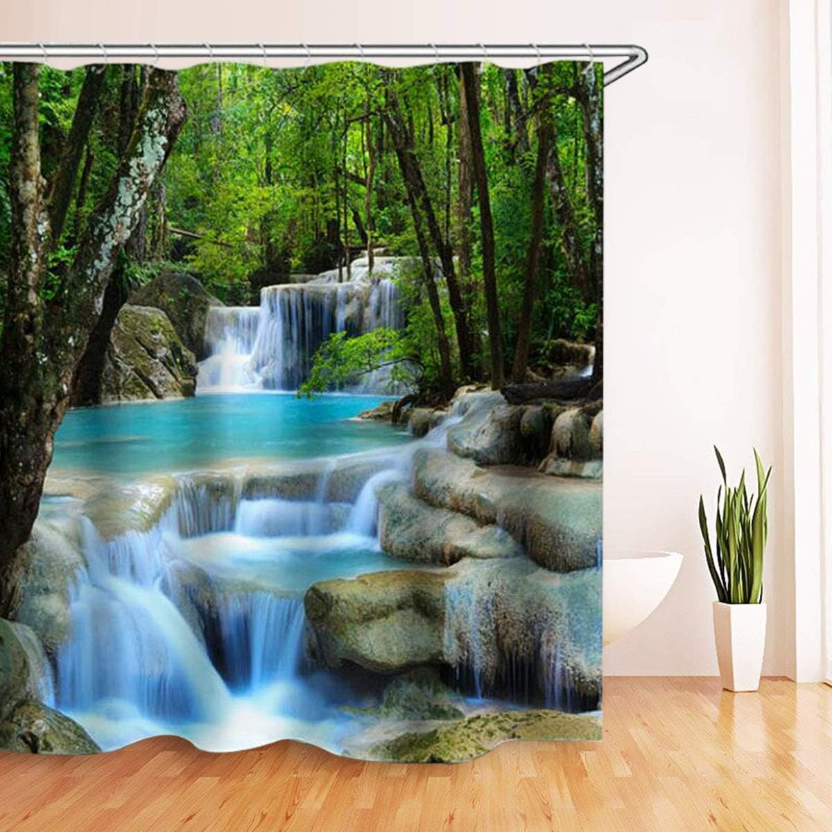 Fashion_Man 4PCS/Set 3D Waterfall Forest Waterproof Shower Curtain Scenery Polyester Bath Curtain Natural Landscape Bathroom Rugs Toilet Lid Cover Bathroom Decor +12 Hooks, 72"x72", Green