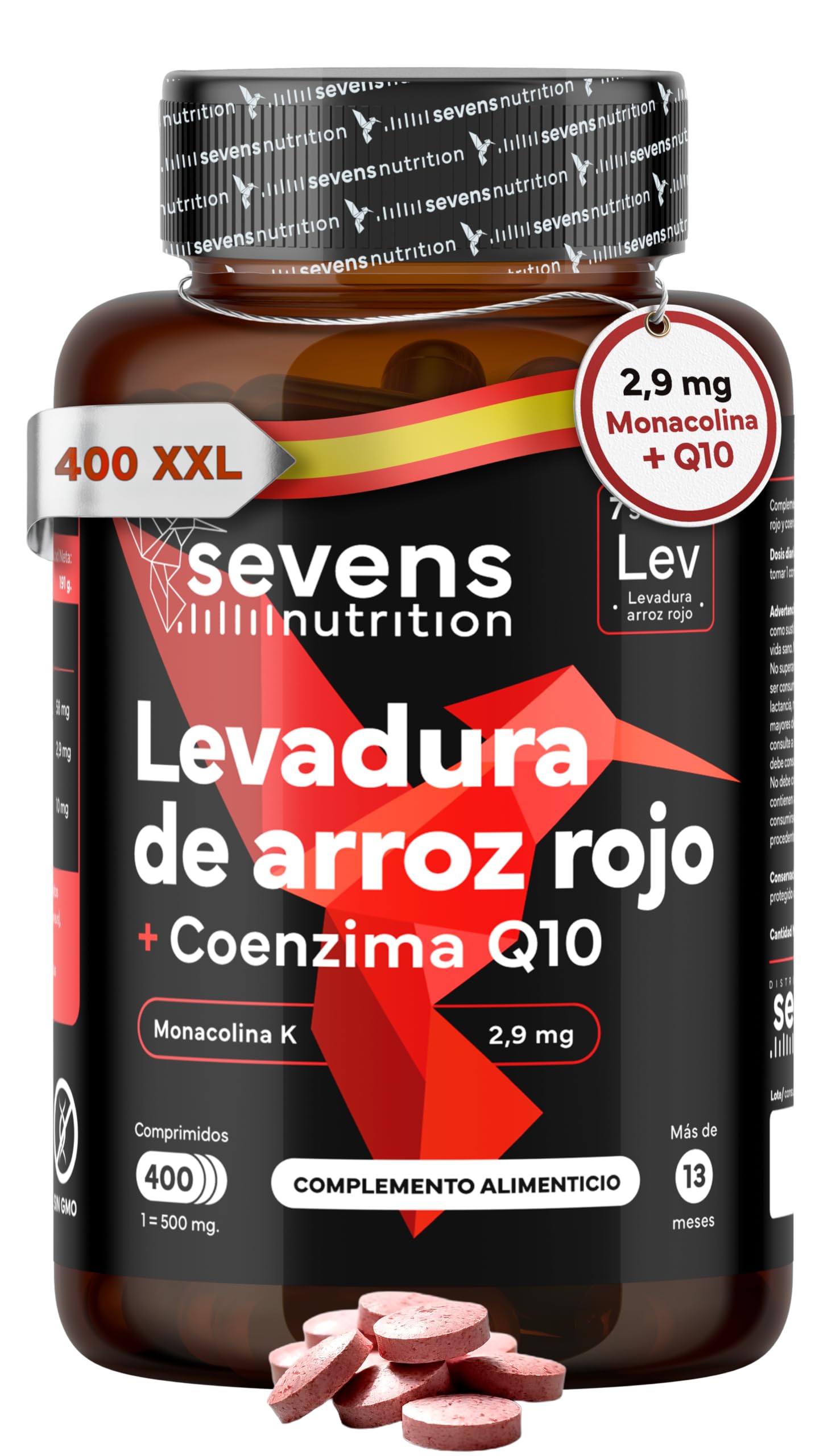 Levadura de Arroz Rojo - 400 Comprimidos Premium - 2,​9mg Monacolina K y Coenzima Q10 – Red Yeast Rice - Baja el Colesterol – Alta Concentración – Natural, Sin Gluten ni Lactosa - Hecho en España