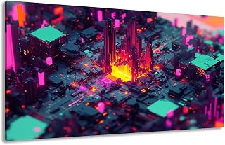 Canvas Wall Art Prints Neuron Human Brain Stimulation Activity Cityscape Neon Lights Large Framed Artwork Wall Paintings Pictures Posters 20"x40" Wall Decor for Living Room Office Bedroom