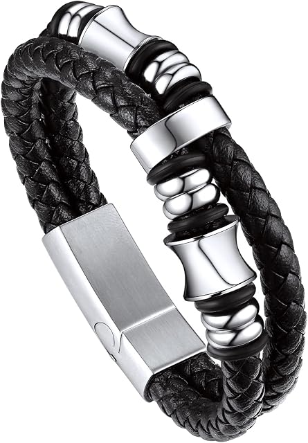 bandmax Double Row Black Braided Leather Wristband for Men Stainless Steel Beaded Double Layer Leather Cord Wristband Bangle with Magnetic Buckle