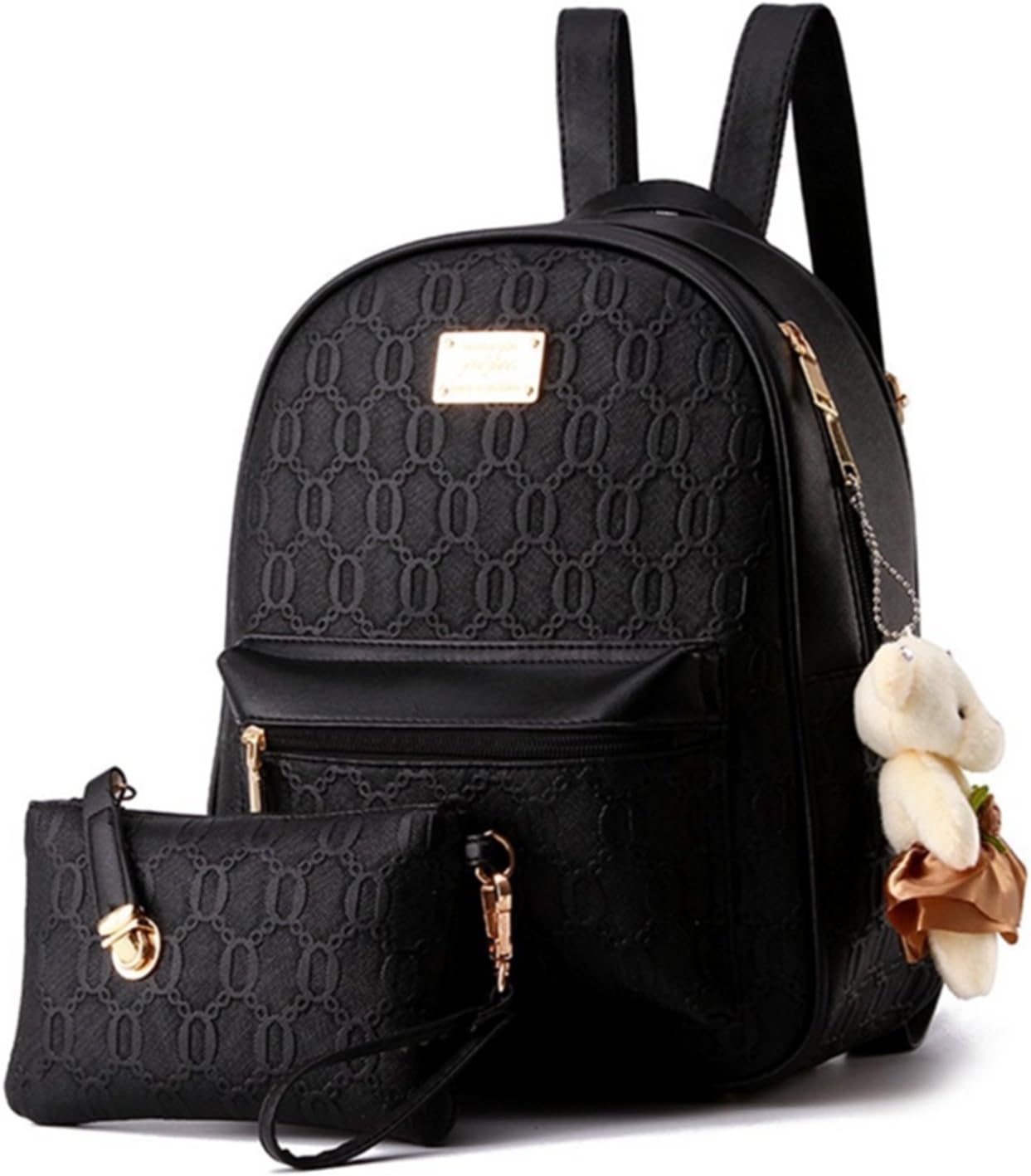 YAAGLEEmboss PU Leather Casual College Shoulder Women Girls Bag with Bear Decorations Backpack+Handbag,2pcs