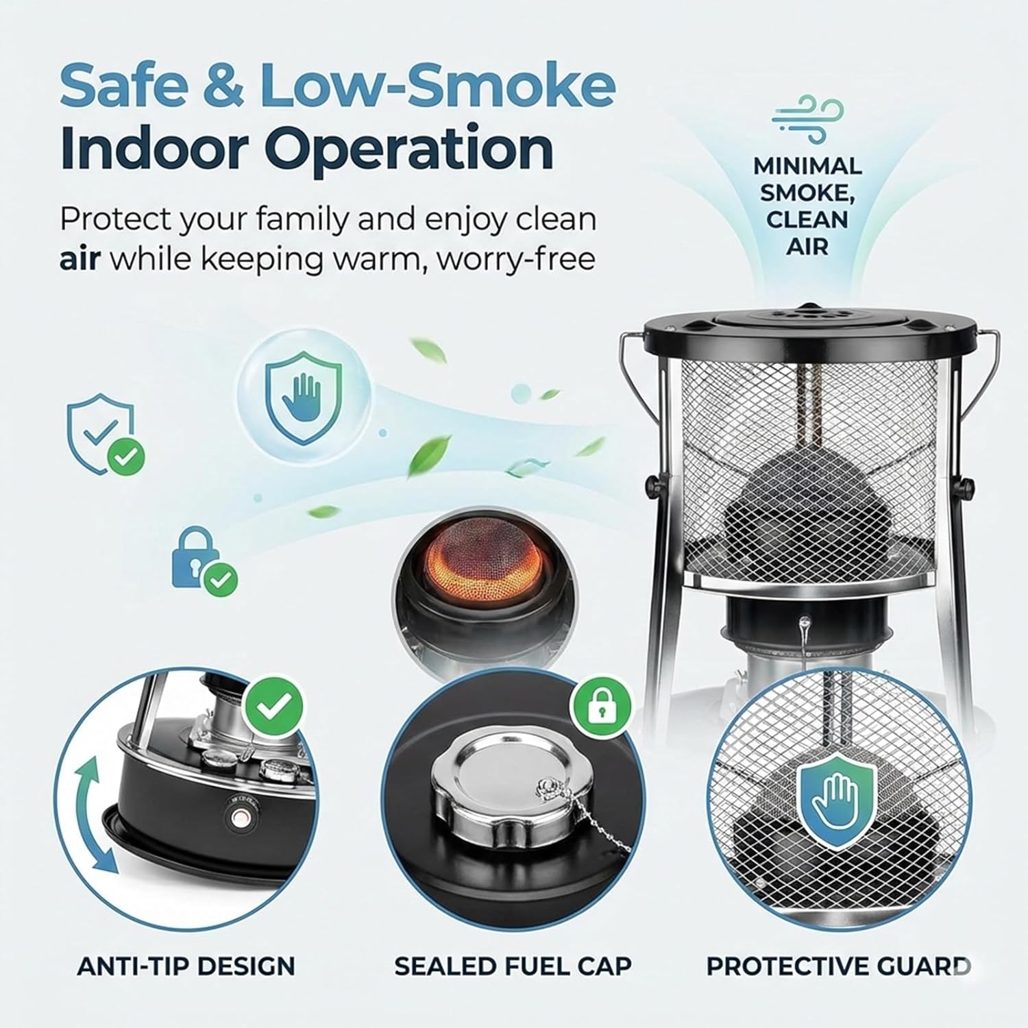 Indoor Heater Non-Electric, 9000 BTU Portable Kerosene Heater for Indoor & Outdoor Use, with Cooking Function, 6 Wicks & Bag, Height Adjustable for Camping, Emergency Heat & Survival (Black)