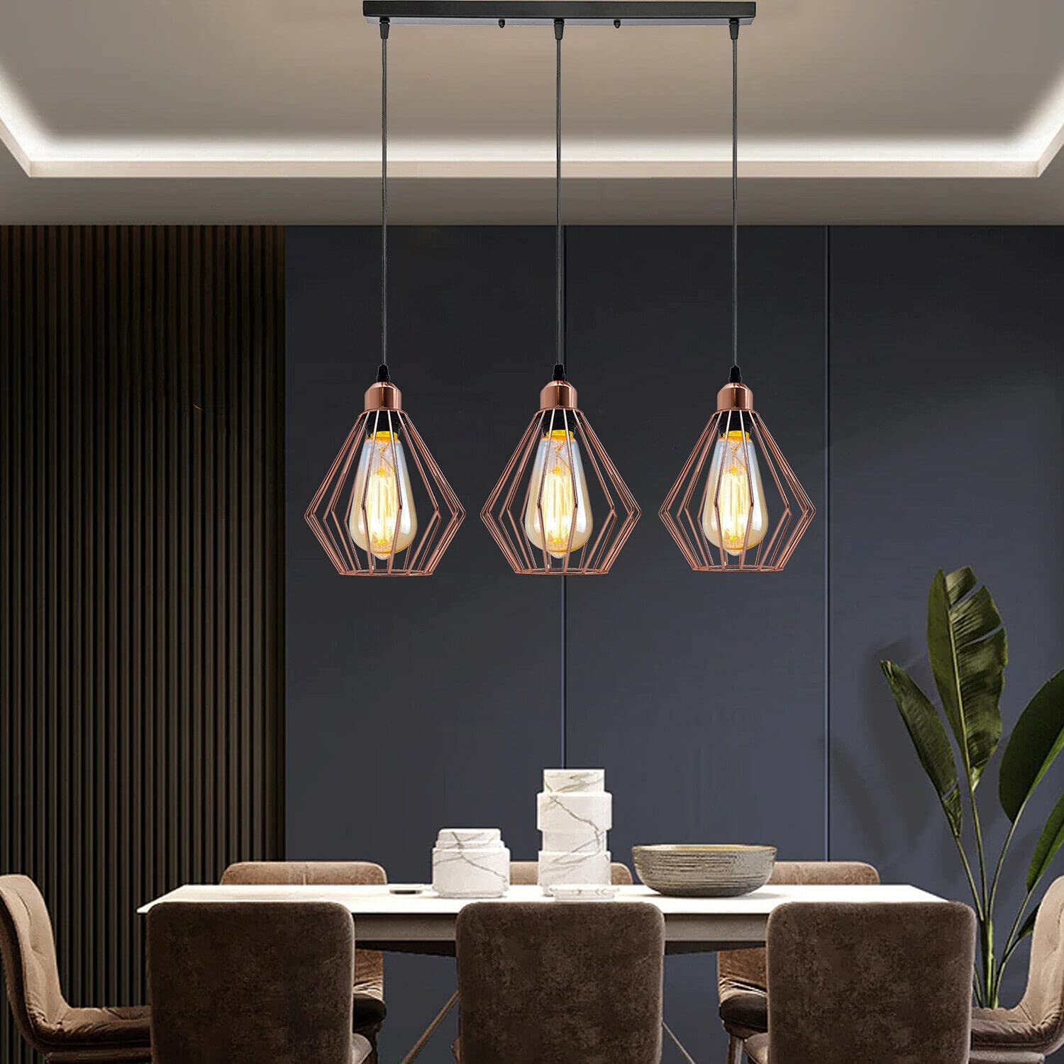 LEDSone 3 Light Pendant Light Height Adjustable, E27 Ceiling Lights Metal Square Plate Hanging Lights for Living Room, Dining Room, Coffee Shop (Diamond- Rose Gold, Without-Bulb) — image 1