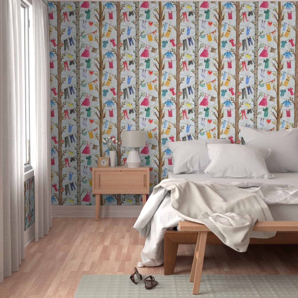 Spoonflower Removable Wallpaper 3ft x 2ft - Whimsical Laundry Clothes Trees Clothesline Room Dress Shorts Shirt Bathing Suit Colorful Stockings Custom Pre-Pasted Wallpaper