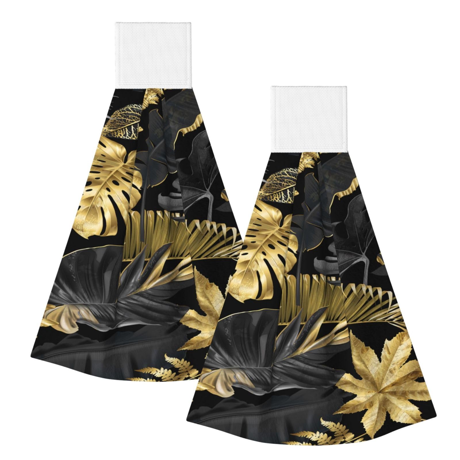 DOPKLNA Gold Black Tropical Leaves, 2 Pcs Hanging Coral Fiber Hand Towels for Bathroom, Absorbent Kitchen Towels