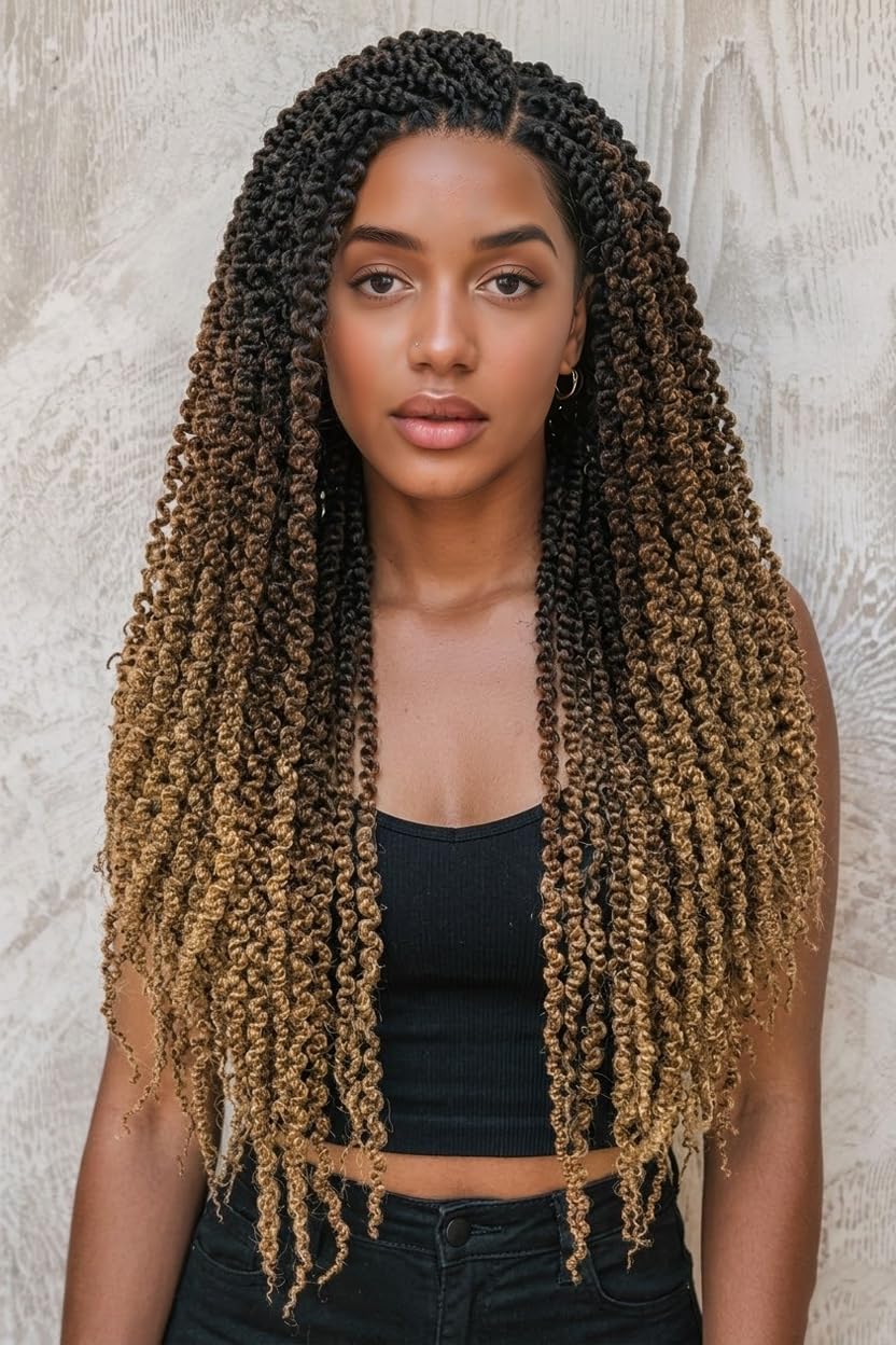 Photo 1 of WIGER Full Double Lace Braided Wigs Two Twist Braid Curly Wig Glueless Synthetic Spiral Coiled Braid Wigs Pre Plucked with Baby Hair Ombre Brown to Blonde Knotless Braided Wig for Black Women