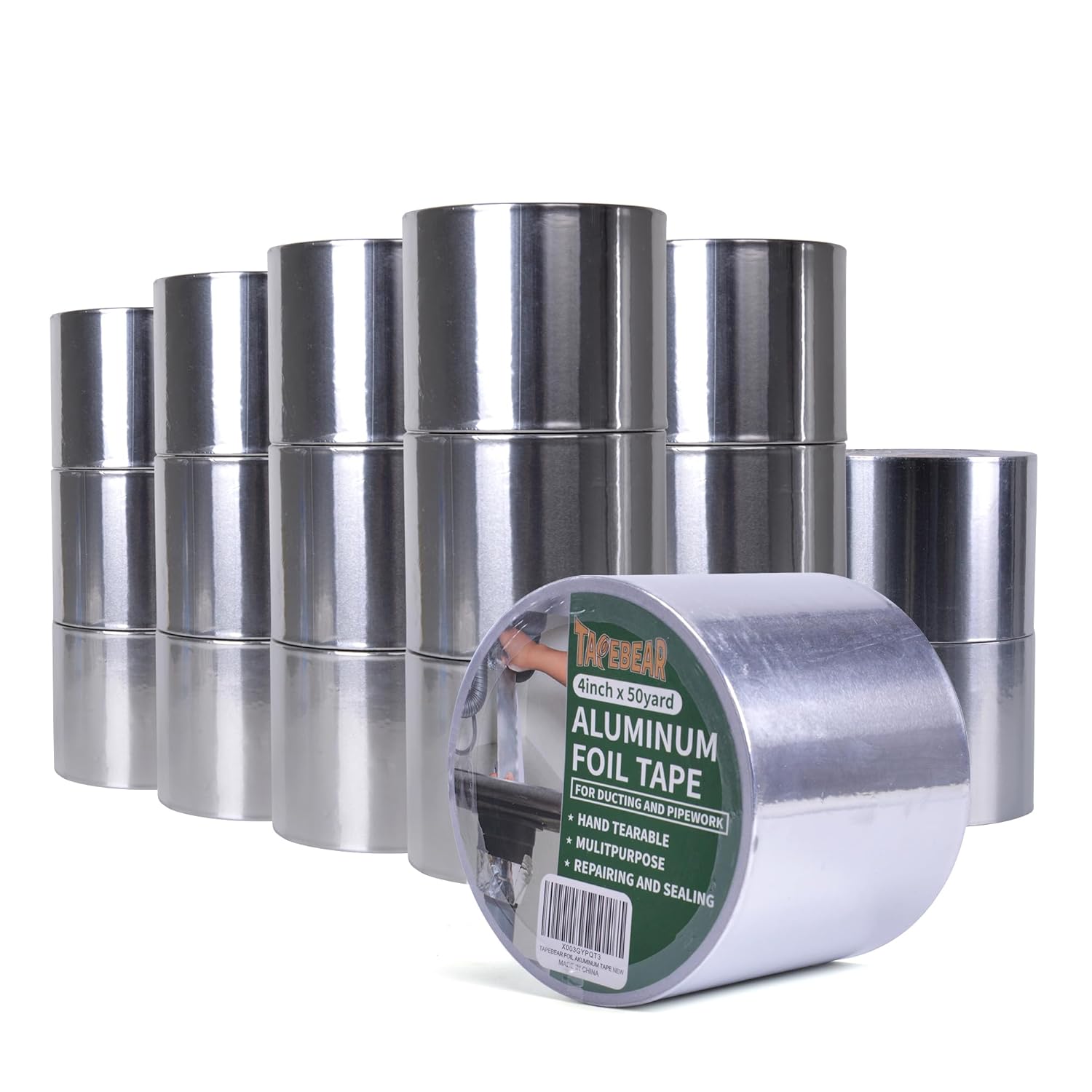 TAPEBEAR 18 Rolls Aluminum Foil Tape, Aluminum Air Duct Tape, Withstand 80°C to 100°C, Heat Resistant Tape Insulation Tape for HVAC, Sealing & Patching, Metal Repair, 4inch x 50yard