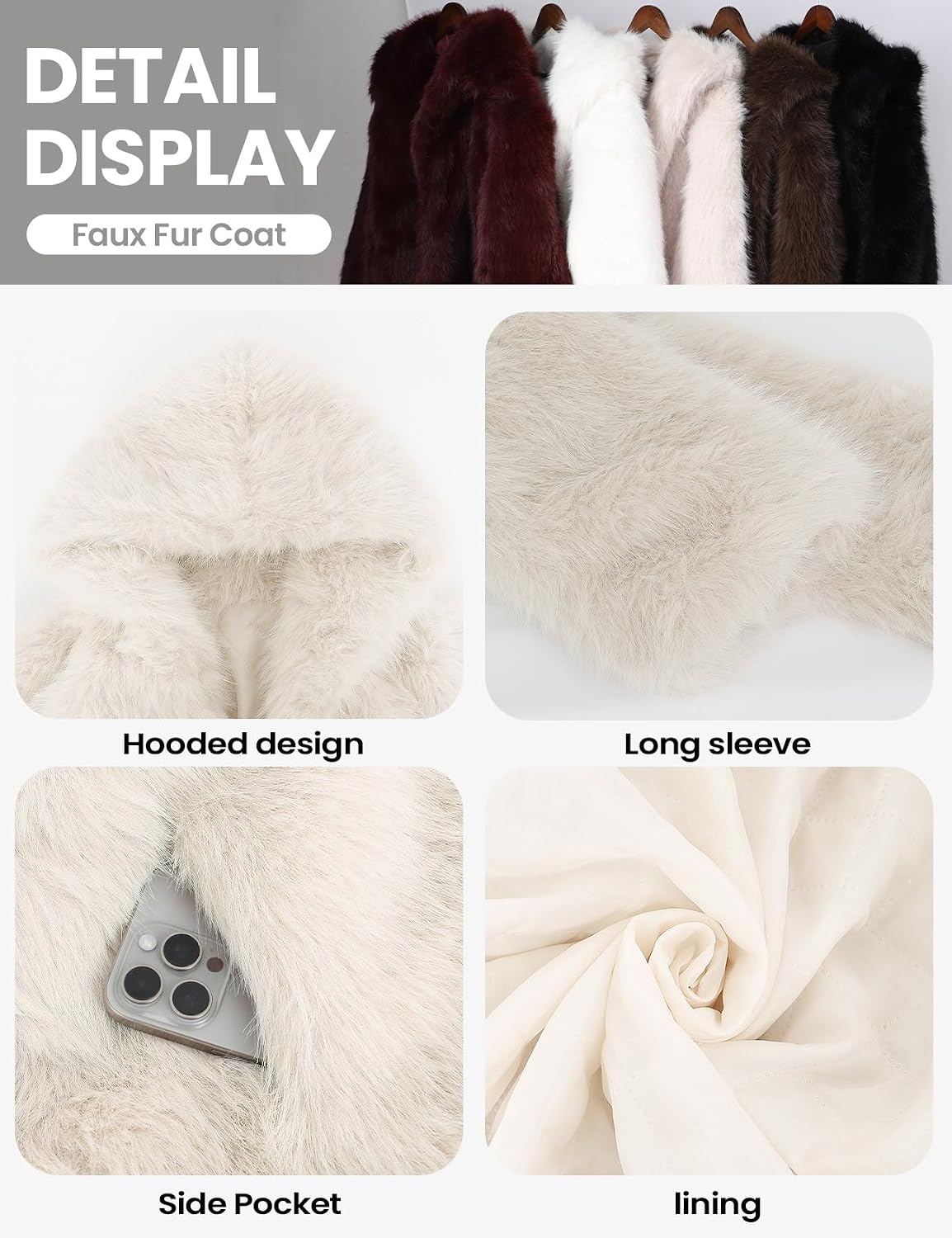Yimoon Women's Faux Fur Coat with Hood Warm Cropped Fluffy Fur Jacket Long Sleeve Open Front Winter Jackets