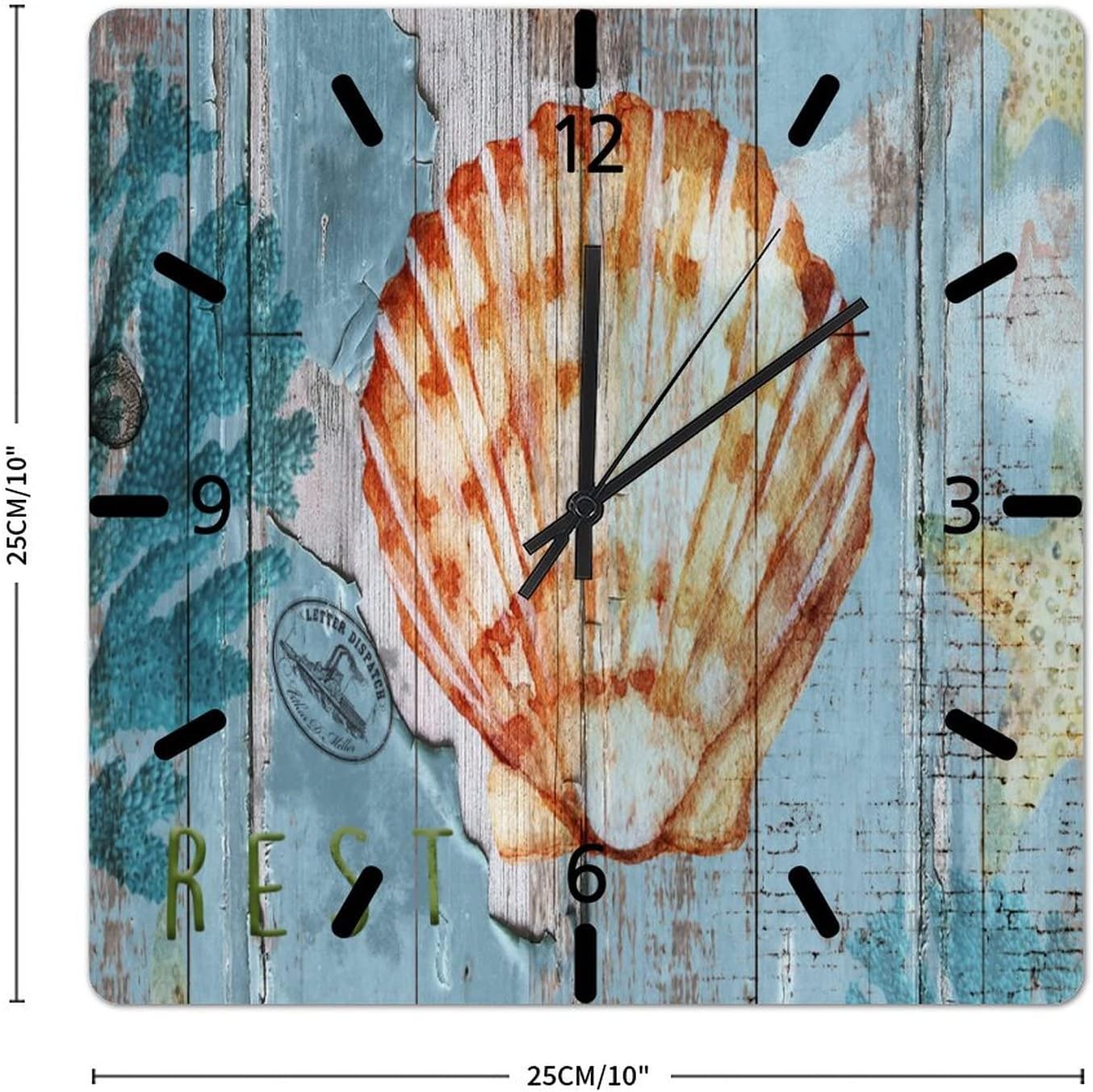 Colorful Scallop Wooden Clock 10in Blue Wood Grain Hanging Clock Sea Life Clock Non-Ticking Sweep Battery Operated Valentine's Day Gift Antique De Paris Art for Mantel Bedroom Residence Yard