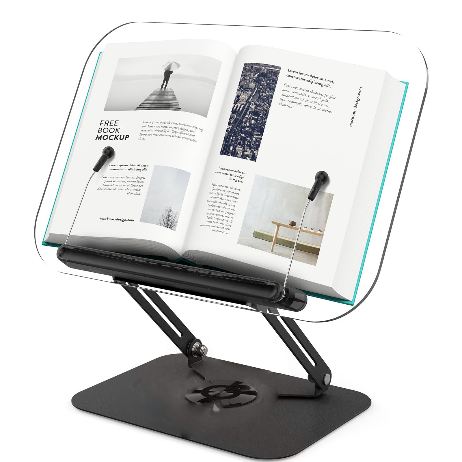 Acrylic Book Stand for Reading, Adjustable Book Holder with 360° Rotating Base & Elastic Page Clips, Foldable Desktop Riser Stand for Cookbook,Laptop,Tablet,Music Scores,Recipe,Textbook(Black)
