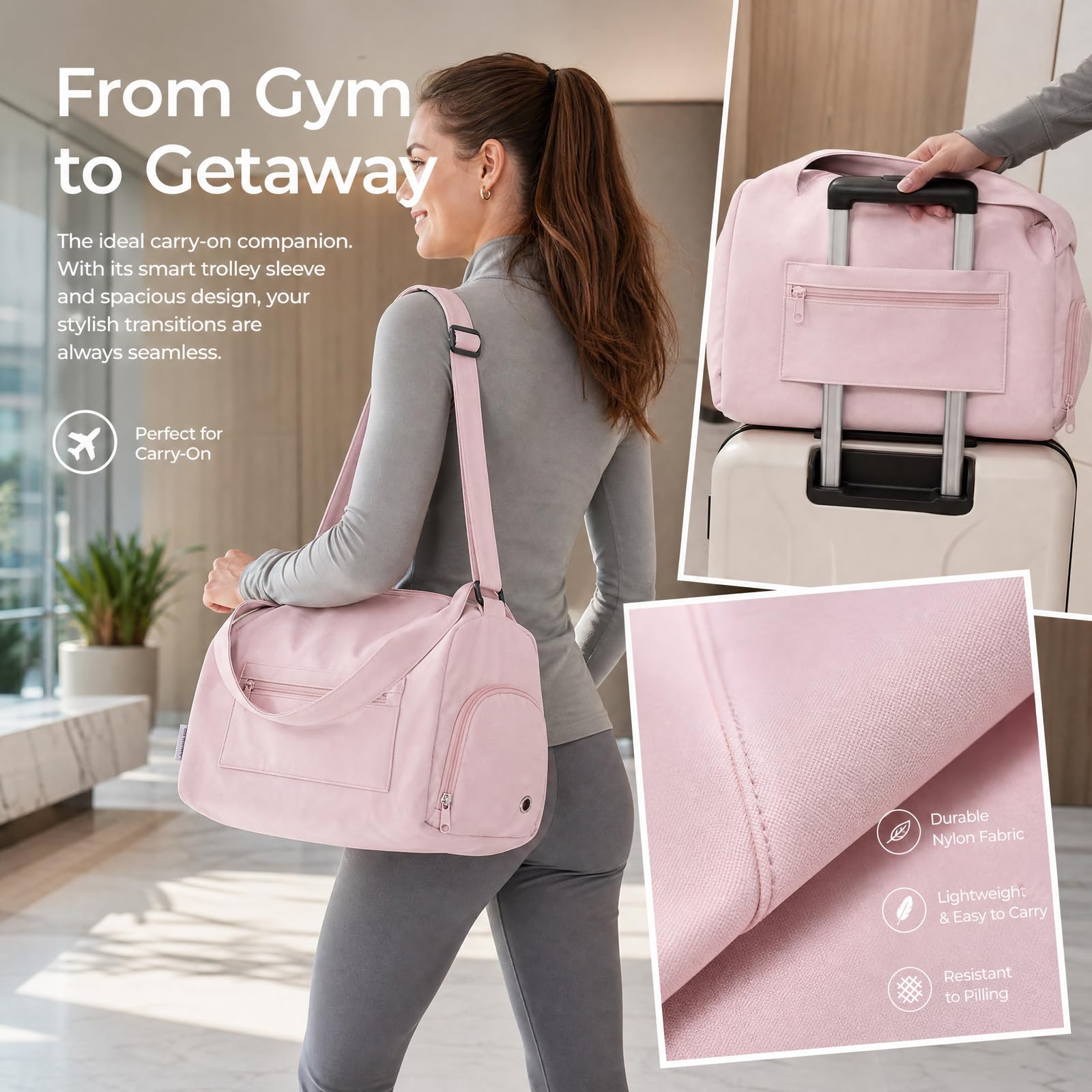 Borsa Da Palestra Donna Impermeabile Con Scomparto Scarpe - Borsone Sportivo In Nylon 40x22x22cm Per Fitness, Nuoto, Viaggio E Weekend (Rosa)