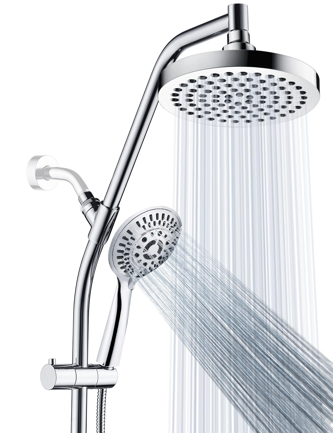 BRIGHT SHOWERS Rain Shower Head Combo with Solid Brass Slide Bar & Diverter, Dual High Pressure Shower Heads with 5-Setting Handheld, Adjustable Height, 60" Stainless Hose, Brushed Nickel
