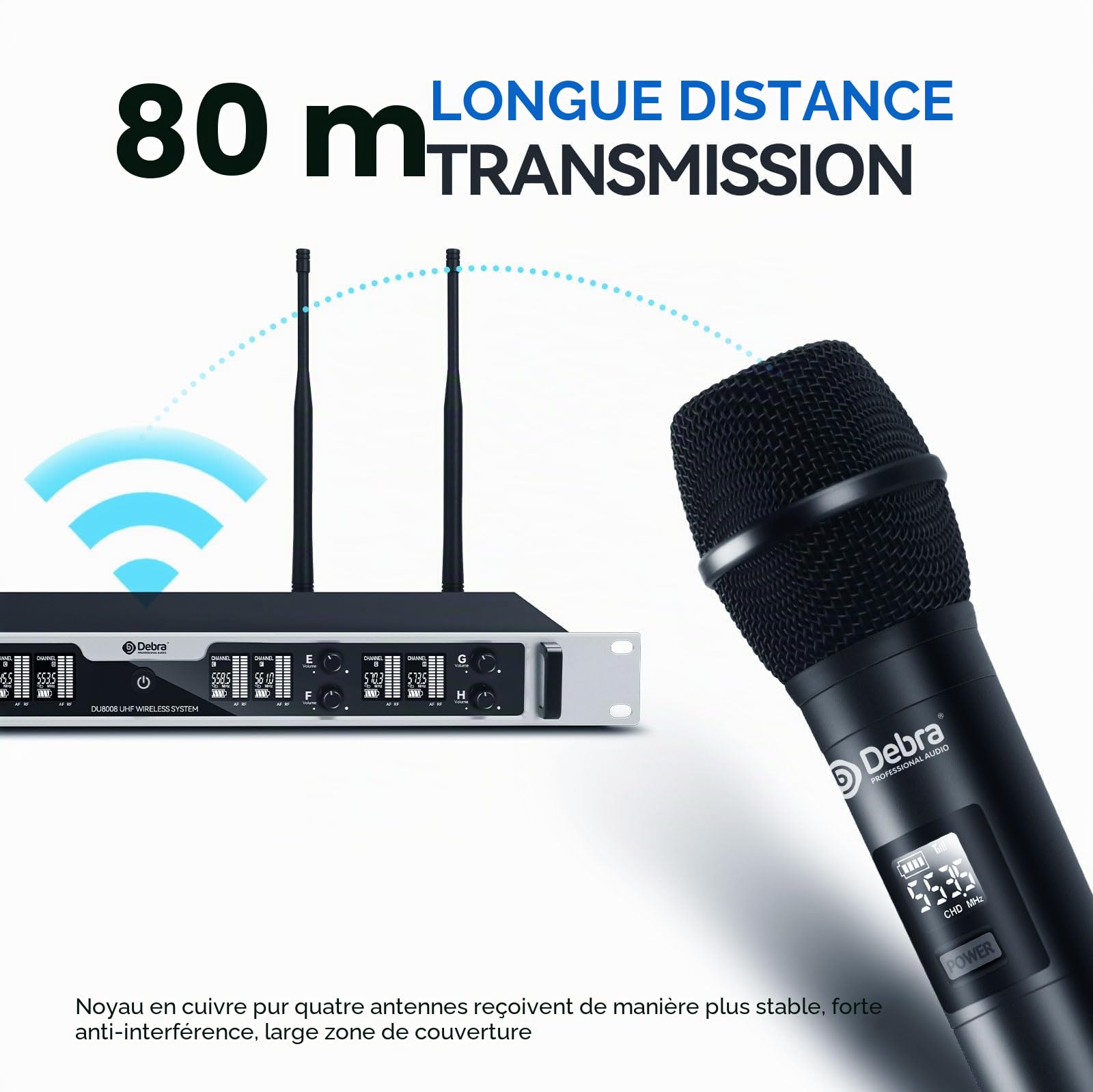 D Debra DU8008 Système de Micro sans Fil UHF - 8 Micros Main, Plug & Play, Fréquence Ajustable, Portée 80m, Idéal pour Karaoké/Conférences/Scène