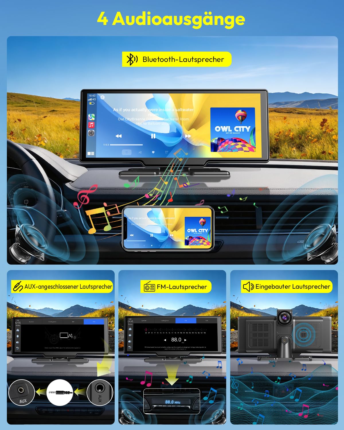 ESSGOO 10.26 Zoll Kabelloses CarPlay Display mit 4K Dashcam,1080P Rückfahrkamera & 4 Reifendruckkontrollgeräte Drahtlos CarPlay & Android Auto,Bluetooth 5.3,Mirror Link,GPS,FM,Sprachsteuerung,64GB TF