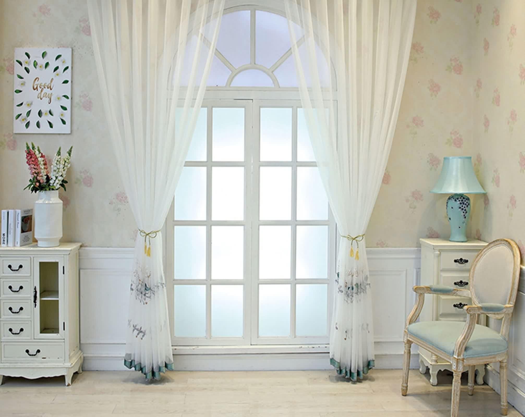 Rideau Voilage Polyester, Rideaux Chambre Lot de 2 Beige Blanc Motif D'Oiseau Brodé de Dentelle LxH 137x160cm