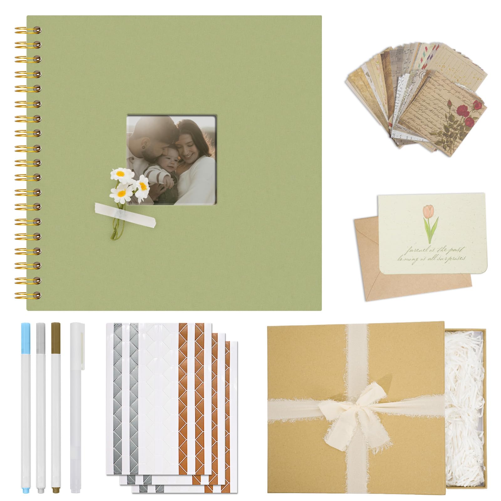 Vienrose DIY Scrapbook Album Gift Set, Linen Hardcover Memory Book, 25.5x25.5 cm Photo Album with 40 White Pages, Embellishments Kit for Wedding, Baby Shower, Travel, Christmas (Light Green)