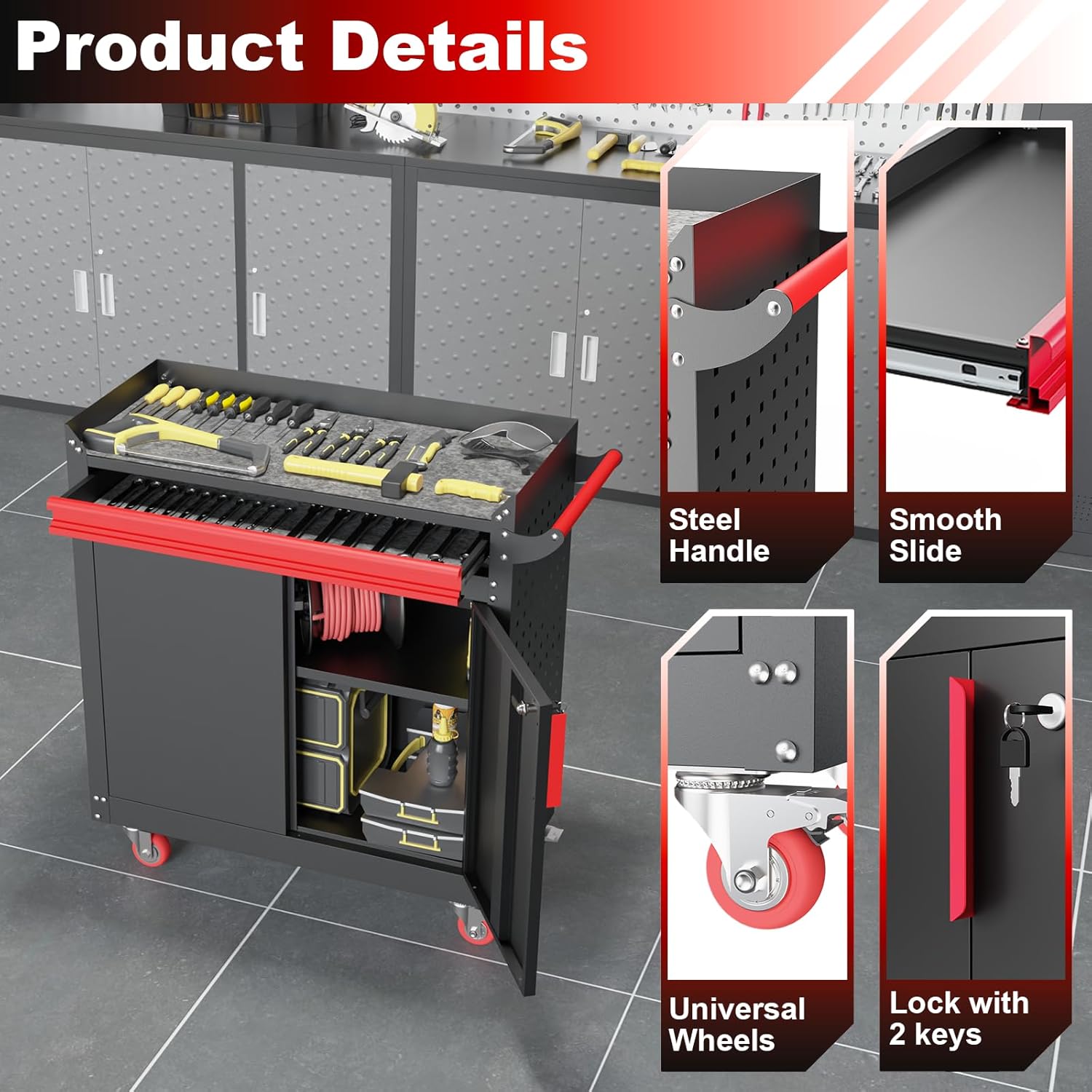 Metal Garage Storage Cabinet with Wheels,Lockable Storage Cabinets with Adjustable Shelf,Steel Tool Locker with Pegboard and Handle for Garage,Warehouse
