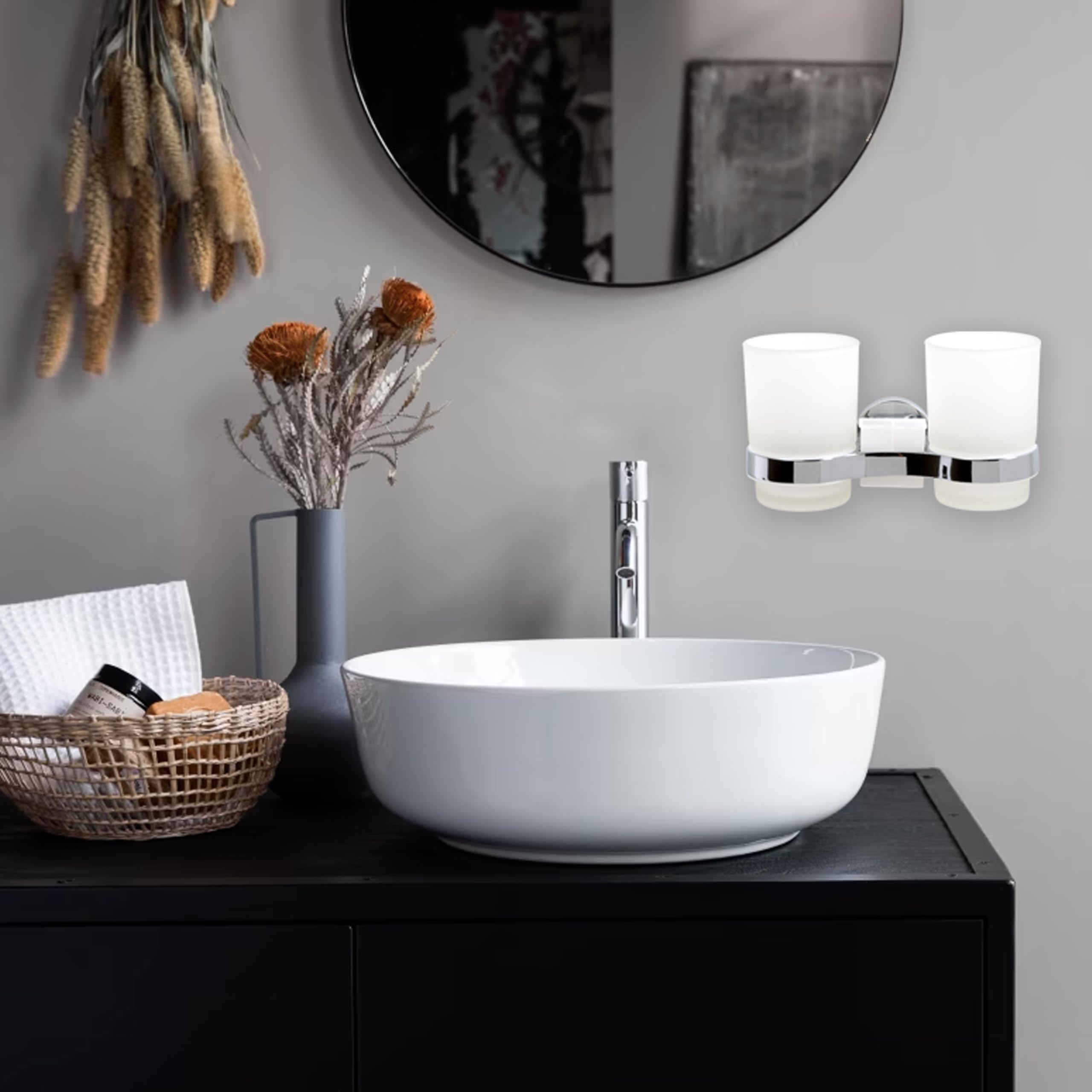 IPEA Samoprzylepny uchwyt na szczoteczkę do zębów z podwójną szklanką - bez wiercenia - nowoczesny design - stylowy uchwyt na szczoteczki do zębów i pastę do zębów na ścianę przyklejanie w łazience