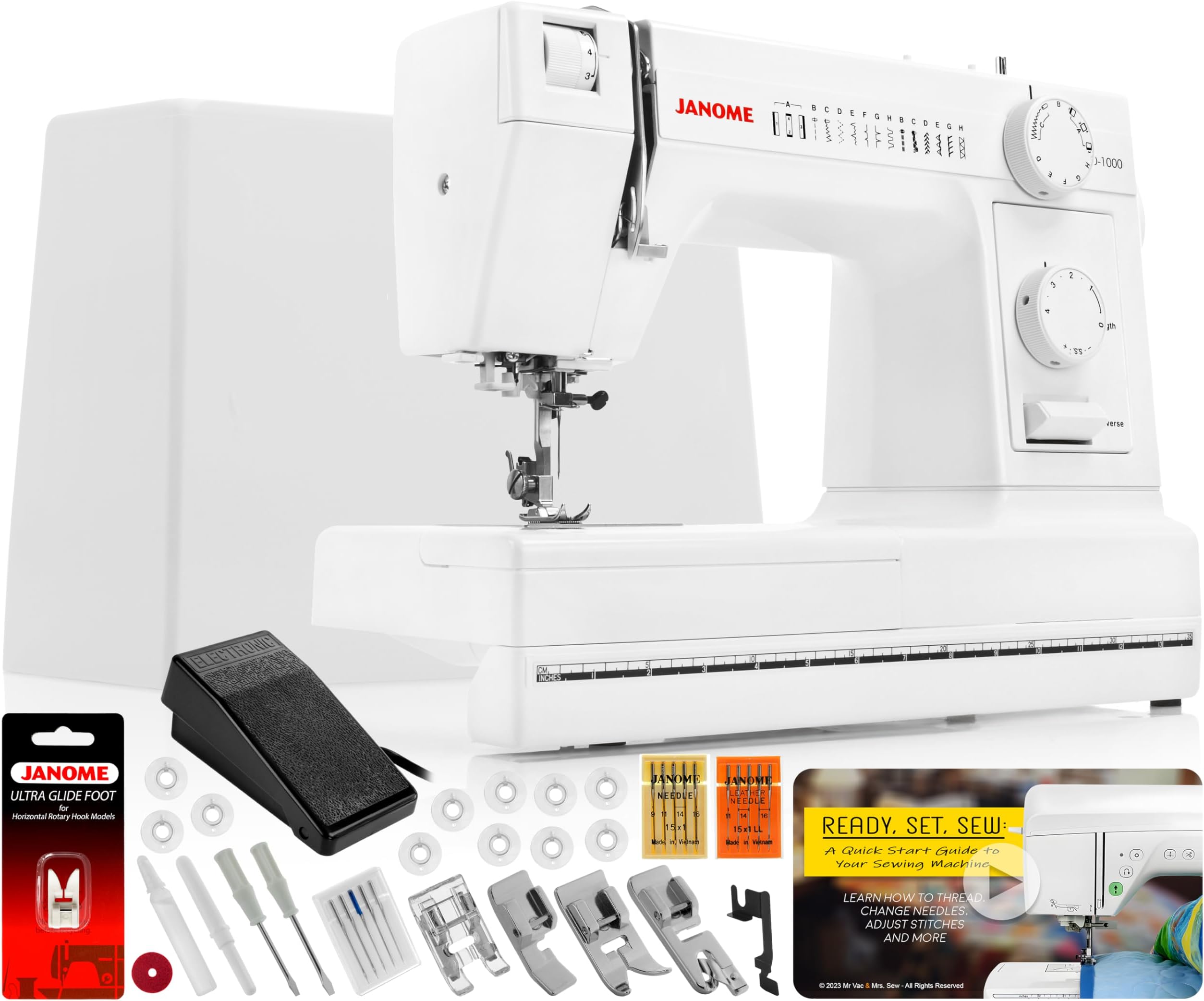 Janome HD1000 Heavy Duty Sewing Machine - Includes Genuine Janome Ultra Glide Foot + Universal Needles + Leather Needles and Mr. Vac & Mrs. Sew - Ready, Set, Sew: Quick Start Video