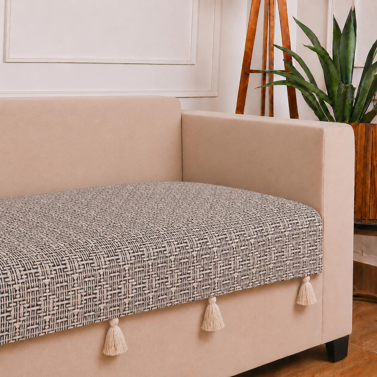 STITCHNEST 'Nomad Weave Collection' 2 Seater Sofa Cover| Elegant Jacquard Fabric, Decorative Tassels, Washable & Durable for Modern Living