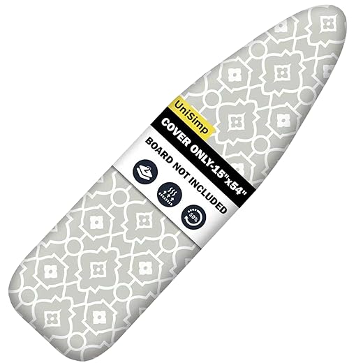 UniSimp Ironing Board Cover and Pad 15"x54" Extra Thick Natural Cotton, Scorch and Stain Resistant Padding, Standard Size Iron Board Cover with Fasteners Heavy Duty Elastic Edge, Heatproof Geometric