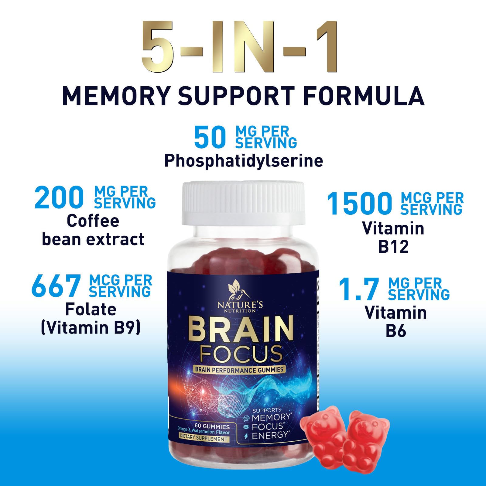 Brain Supplements for Memory and Focus with Phosphatidylserine, Nootropic Memory Supplement Gummy for Brain Health, Concentration, Mental & Cognitive Support, Focus Vitamins with B6 & B12-60 Gummies — Amazon image 3