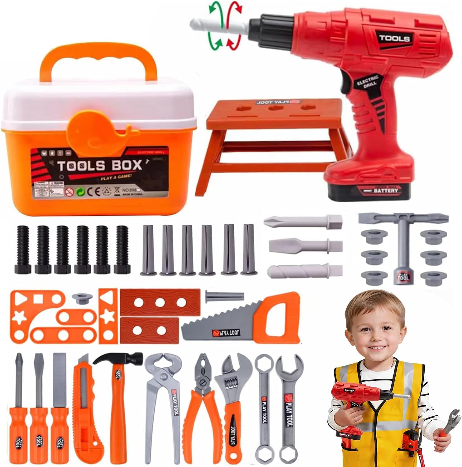 Brinquedo Educativo, Kit Ferramentas Infantil com Furadeira Elétrica | Inclui 37 peças, furadeira elétrica, martelo, brocas e caixa portátil para desenvolver criatividade e coordenação.