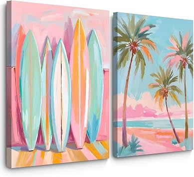 Pink Beach Wall Art Coastal Canvas Pictures Palm Tree Wall Decor Summer Surf Poster Pastel Ocean Painting Tropical Beachy Prints Preppy Aesthetic Artwork for Girl Room Bedroom 16x24 Inch Ready to Hang
