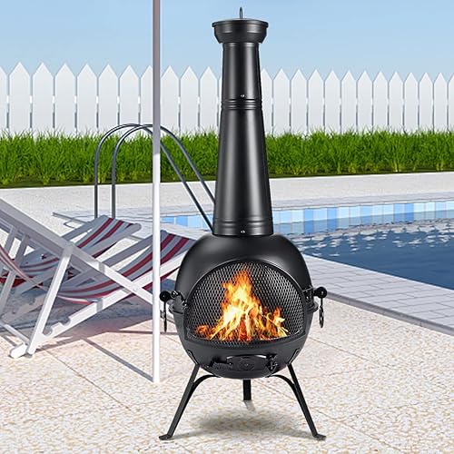 Miniatura 8 de SINGLYFIRE Prairie Fire Chiminea al aire libre chimenea cubierta o patio trasero chimenea de madera con cubierta de chimenea inoxidable hierro negro